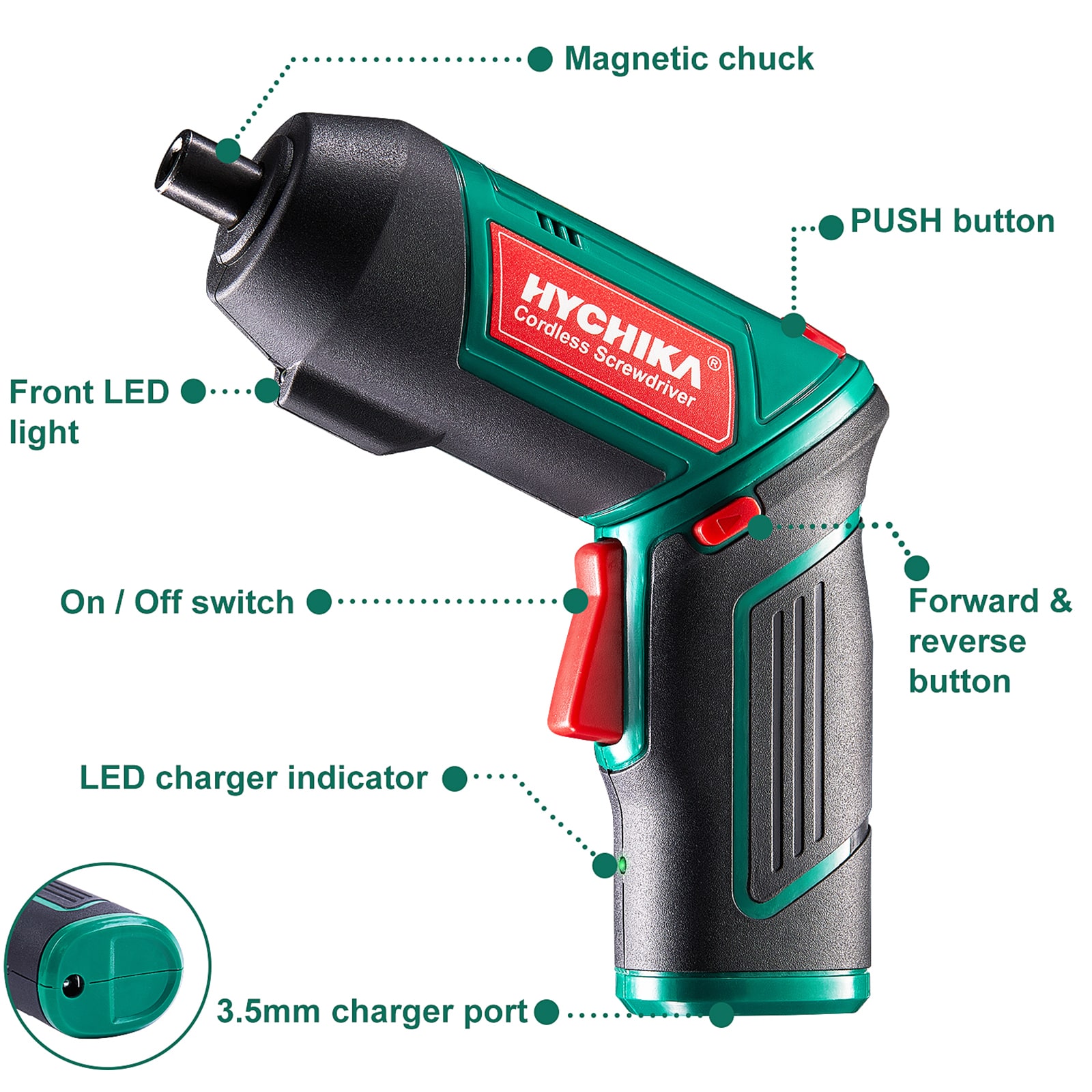 Atornillador inalámbrico HYCHIKA de 3.6 voltios y 1/4 pulgadas (Batería y cargador incluidos) E0024US