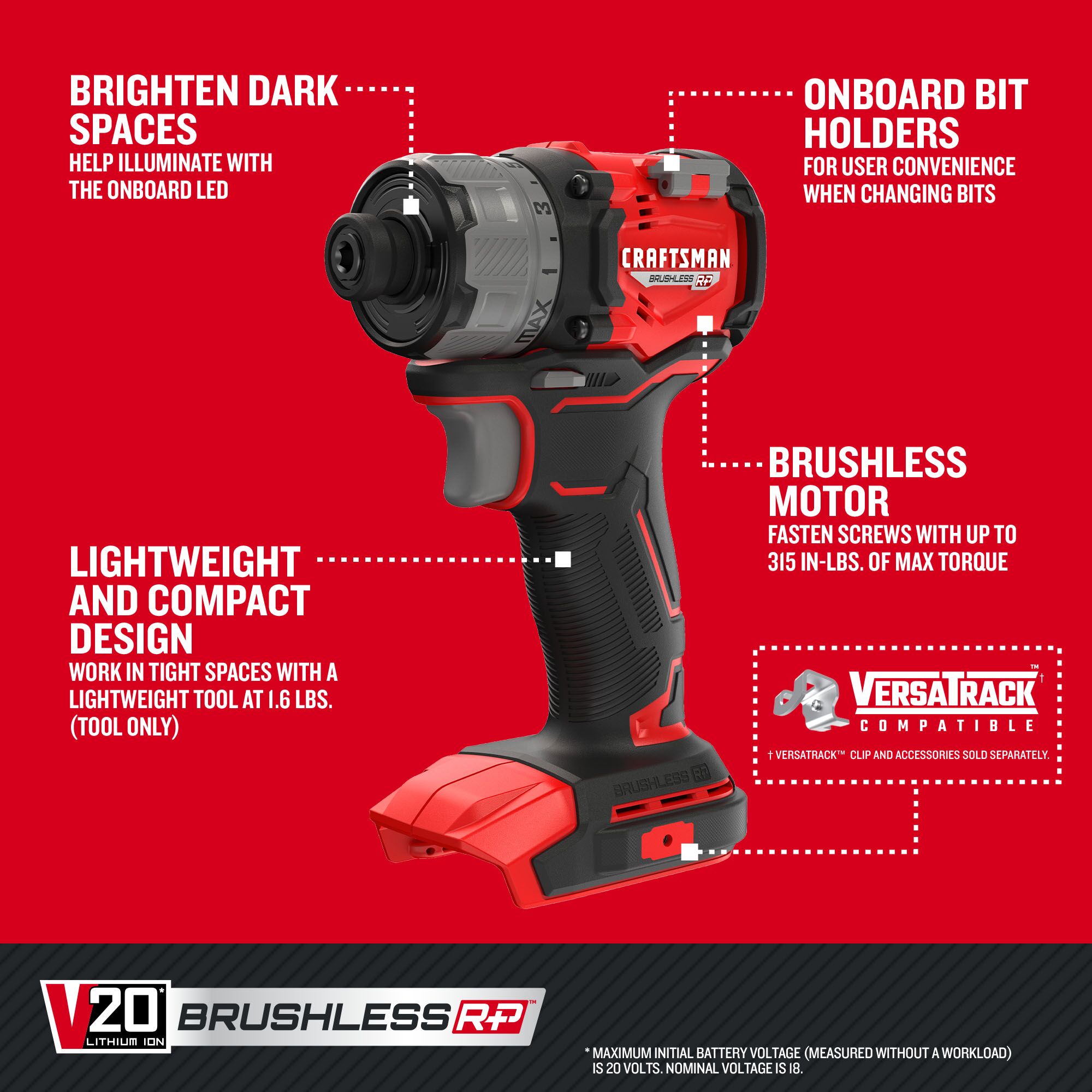 Desatornillador inalámbrico CRAFTSMAN V20 RP de 20 voltios Max Brushless de 1/4 pulgadas (Batería y cargador no incluidos) CMCF610B