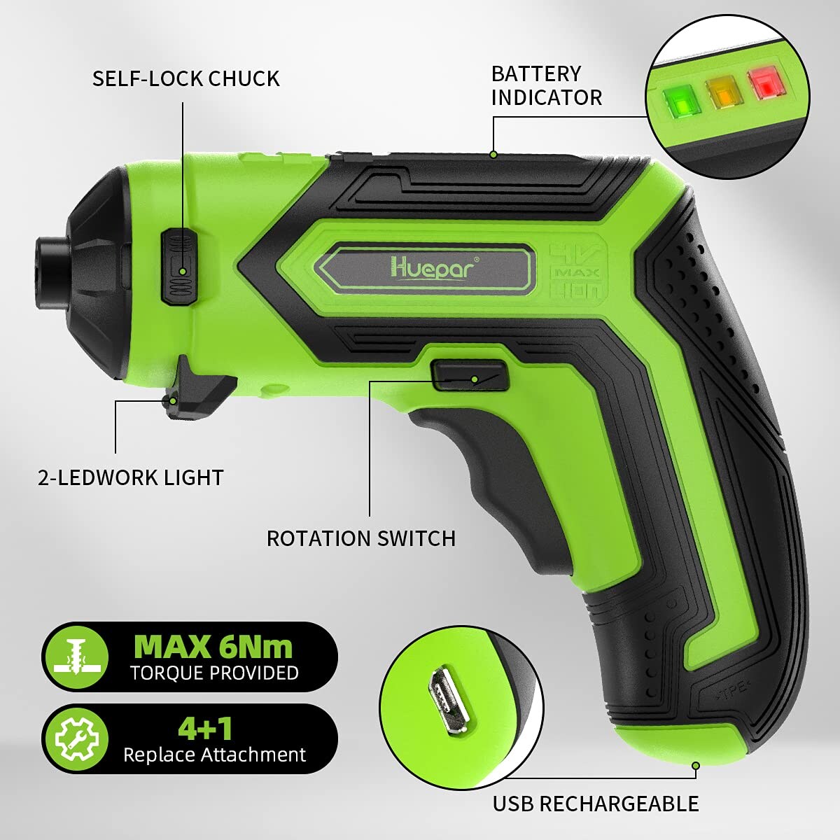 Atornillador inalámbrico Huepar CS04 de 4 voltios y 1/4 de pulgada (Batería y cargador incluidos)