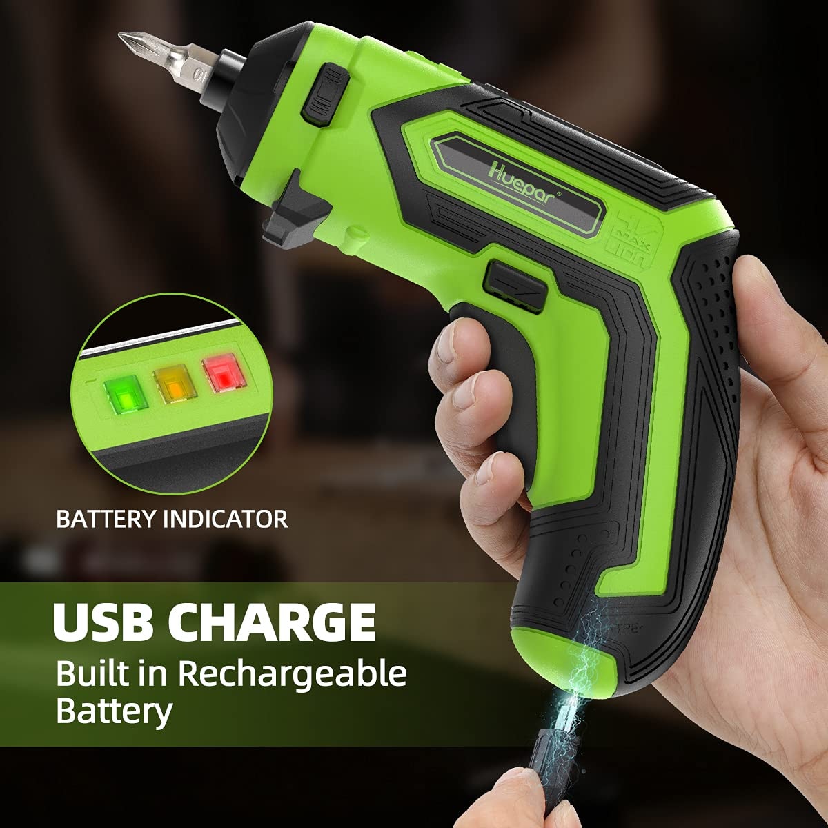Atornillador inalámbrico Huepar CS04 de 4 voltios y 1/4 de pulgada (Batería y cargador incluidos)