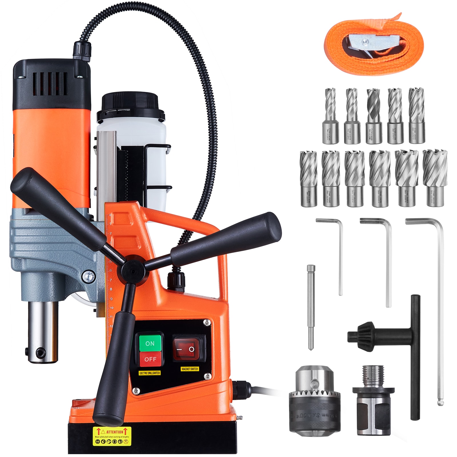 Taladro magnético de 1450W y 850 RPM con prensa de banco de velocidad variable de 13.1 amperios