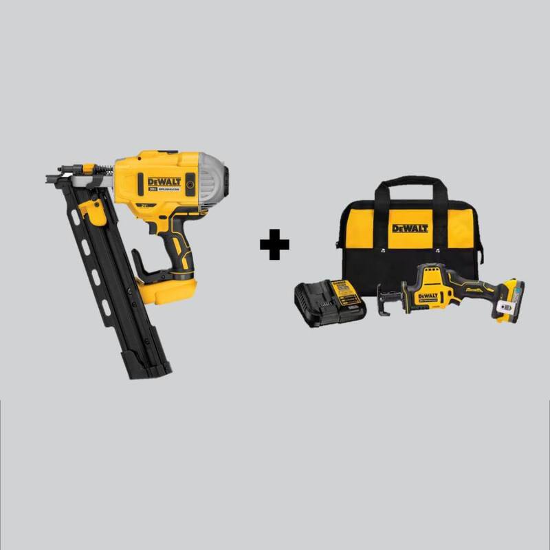 Kit de clavadora de armazón con clavos de plástico de 21° inalámbrica y sin escobillas 2 velocidades DEWALT 20V MAX XR de iones de litio y sierra recíproca compacta - DCN21PLBW369