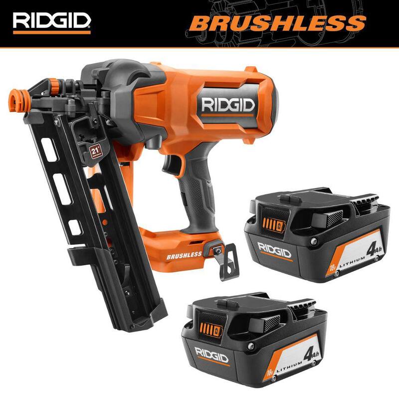 Clavadora de armazón inalámbrica sin escobillas de 18V RIDGID a 21° con batería de iones de litio de 18V 4.0 Ah (paquete de 2) - R09894B-AC87004P