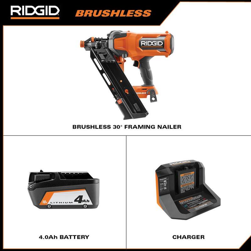 Clavadora enmarcadora inalámbrica sin escobillas RIDGID 18V de 30° con batería de 4.0 Ah y cargador, con paquete de 2 baterías de iones de litio de 18V de 4.0 Ah - R09895KN-AC87004P
