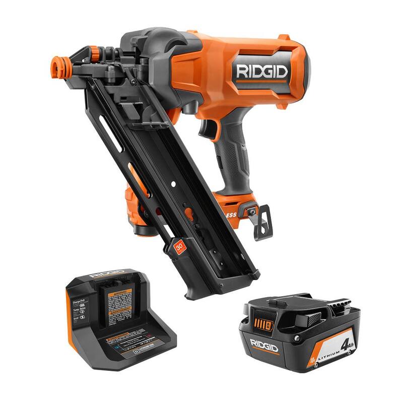 Clavadora enmarcadora inalámbrica sin escobillas RIDGID 18V de 30° con batería de 4.0 Ah y cargador, con paquete de 2 baterías de iones de litio de 18V de 4.0 Ah - R09895KN-AC87004P