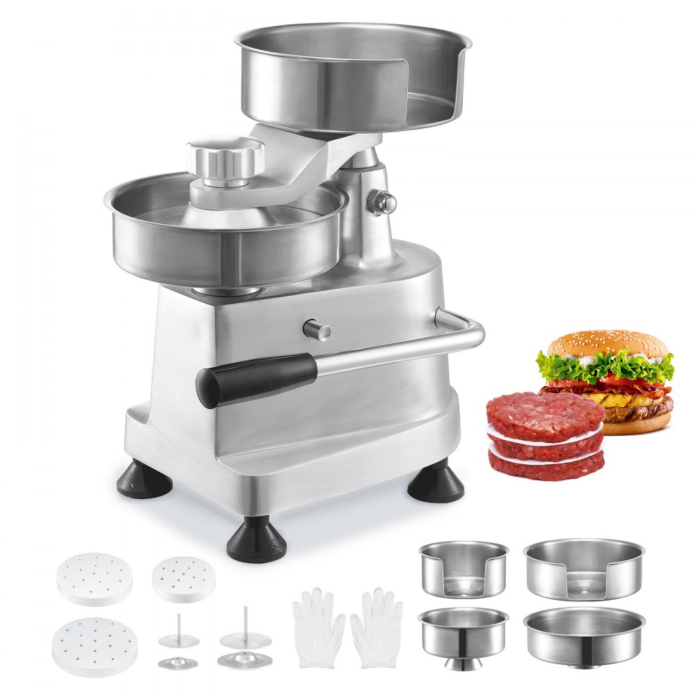 VEVOR Commercial Burger Patty Maker, Hamburger Beef Patty Maker with 3 Convertible Mold(4/5/6-inch), Heavy Duty Stainless Steel Burger Press Machine, Meat Forming Processor with 1500 Pcs Patty Papers - HBRBJYSZLBXGNGI0ZV0
