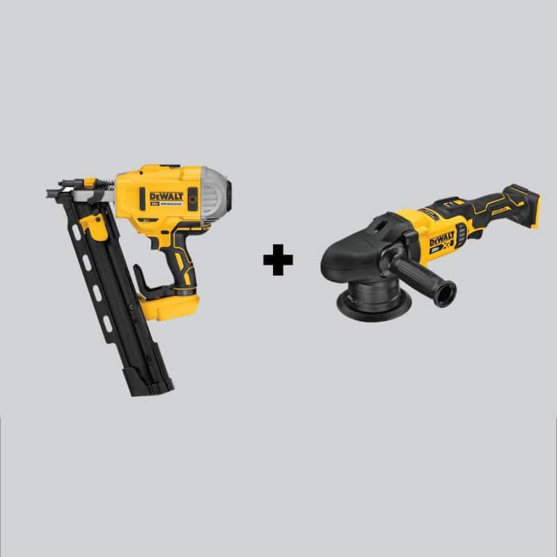 DEWALT Clavadora de montaje sin escobillas inalámbrica de 20V MAX XR de 2 velocidades y 21° con cabezal plástico y pulidora orbital aleatoria de 5 pulgadas (solo herramientas) - DCN21PLBW848B
