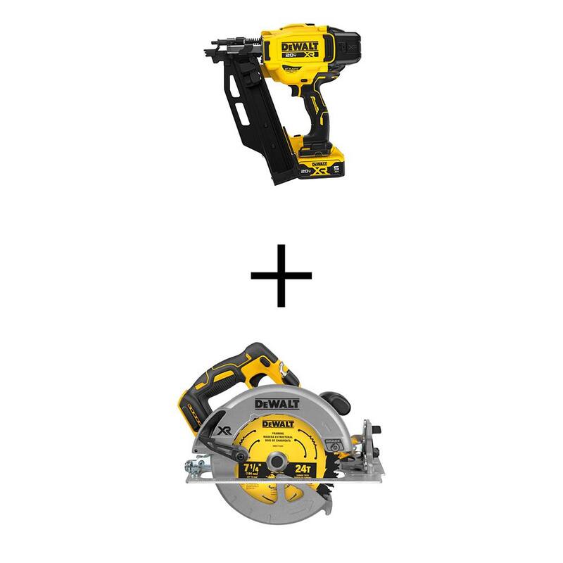 Kit de clavadora inalámbrica DEWALT 20V de iones de litio de 3-1/2" Max 21°, sierra circular inalámbrica sin escobillas de 7-1/4" con batería de 5Ah y cargador - DCN920P1WCS570B.