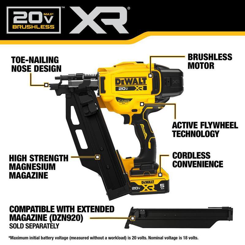 DEWALT 20V Litio-Ion 21° Clavadora de armazón inalámbrica con kit de cargador y batería de 5.0 Ah y cargador - DCN920P1WDZN920.