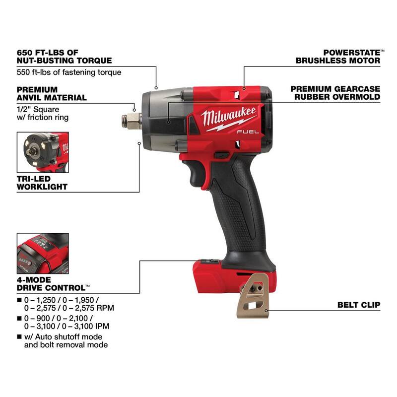 Clavadora dúplex inalámbrica sin escobillas con batería de iones de litio de 18 voltios Milwaukee M18 FUEL (herramienta solamente) con llave de impacto de 1/2 pulg. M18 FUEL - 2844-20-2962-20
