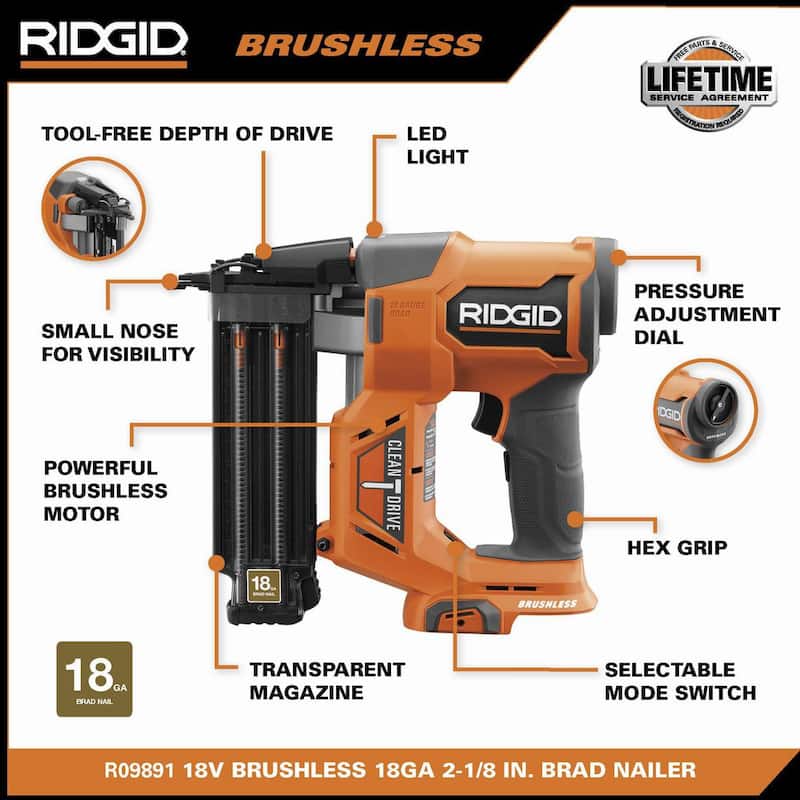 Clavadora inalámbrica RIDGID 18V sin escobillas de 18 calibres 2-1/8 pulgadas (herramienta solamente) con tecnología CLEAN DRIVE - R09891B