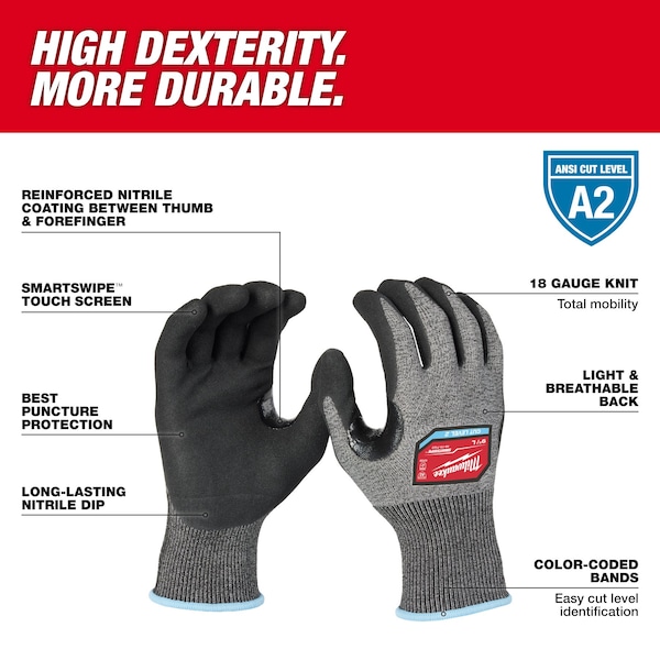 Guantes Milwaukee Tool con recubrimiento resistente al corte, Nivel de corte A2, calibre 18, L - 48-73-7122