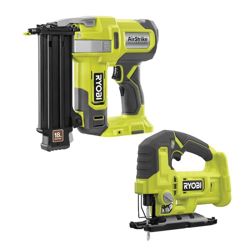 RYOBI ONE+ 18V 18-Guage Clavadora de Brad AirStrike inalámbrica con sierra de calar inalámbrica - P321-PCL525B