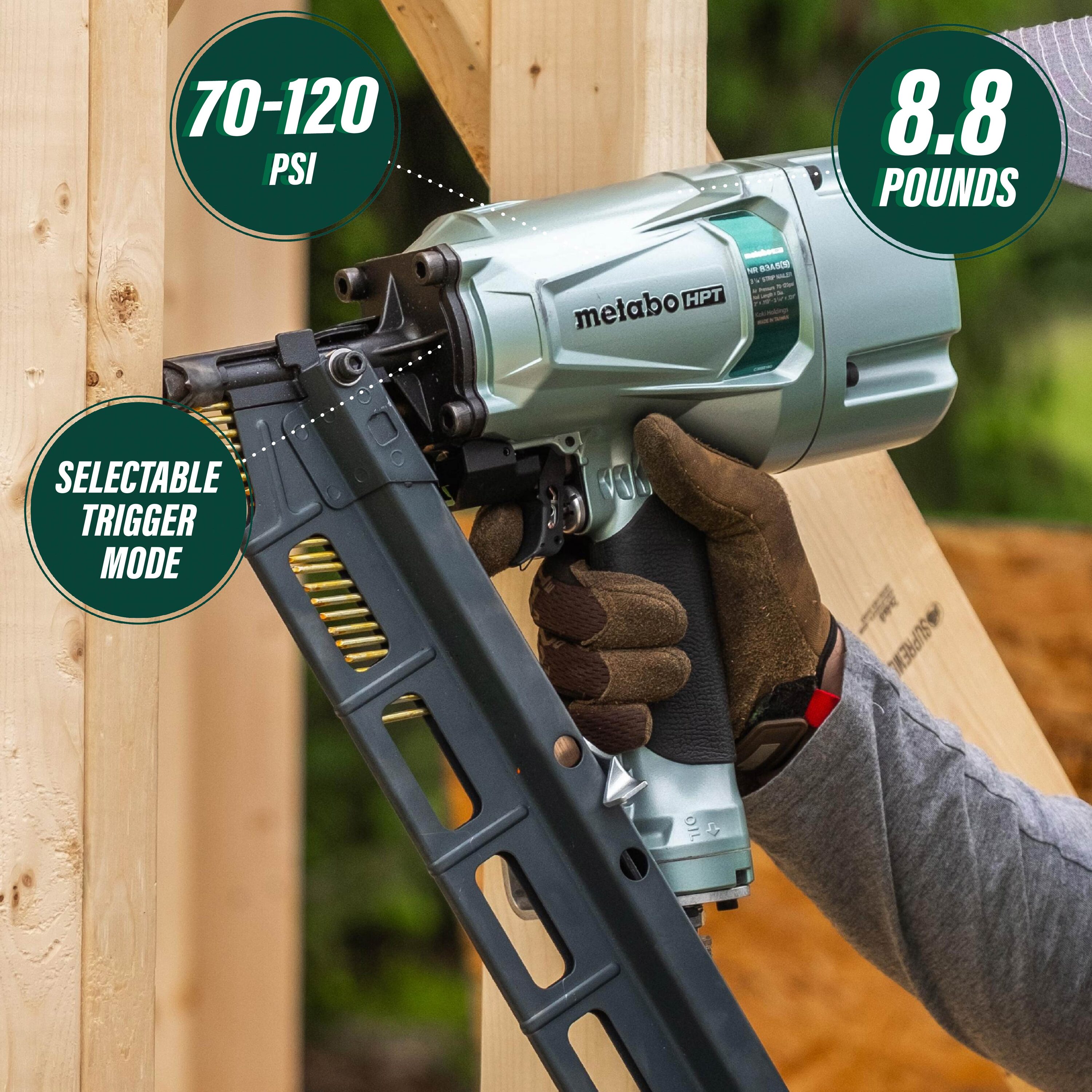 Clavadora neumática para estructuras con cabezal redondo Metabo HPT 3-1/4 pulgadas, ángulo de 21 grados NR83A5(S)M