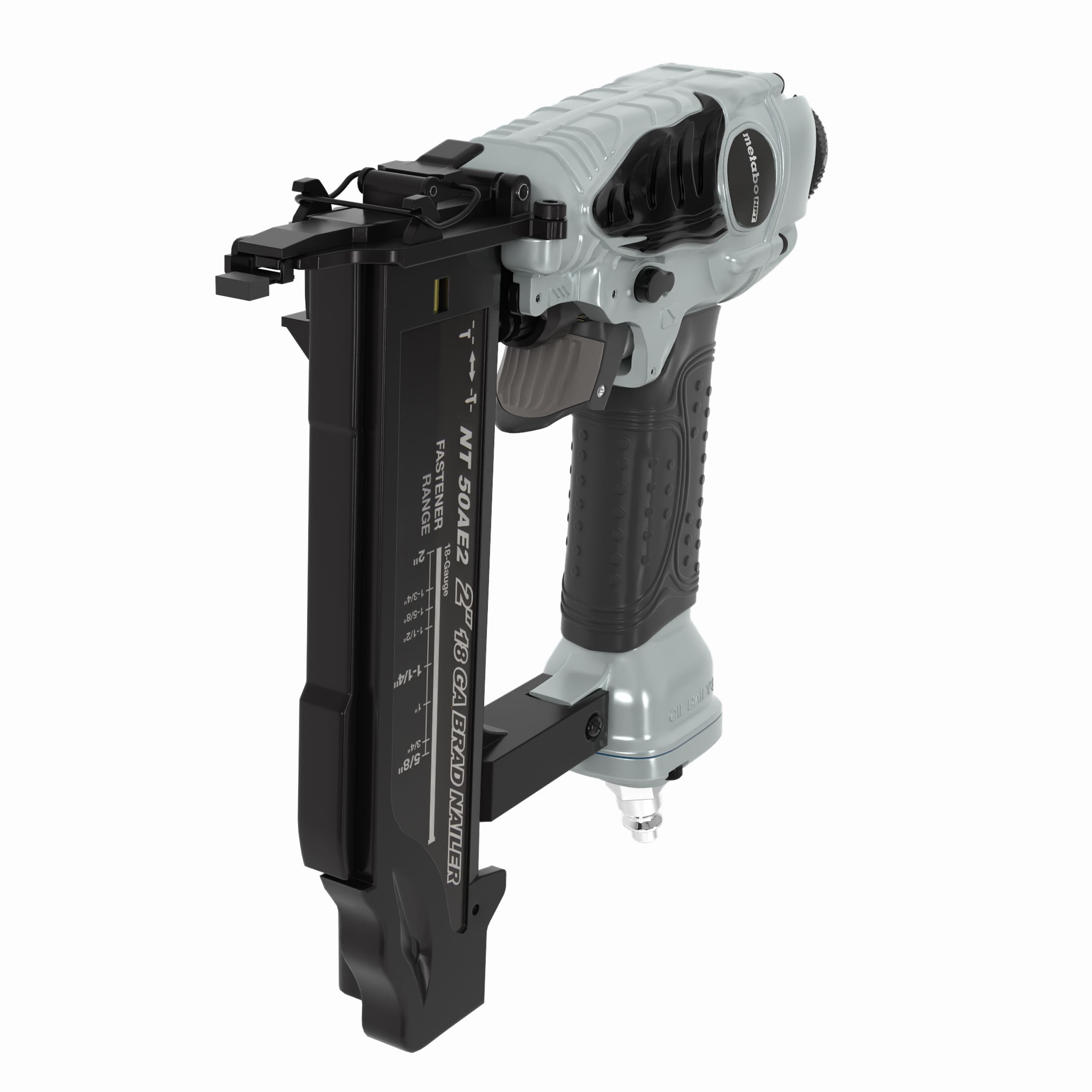Clavadora neumática recta para clavos de brad de calibre 18 de Metabo HPT NT50AE2M de 2 pulgadas.