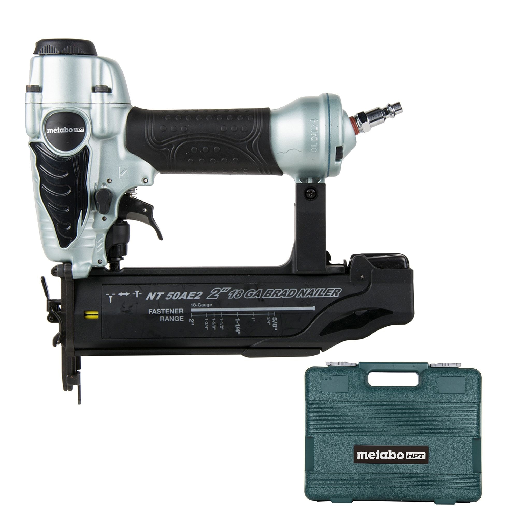 Clavadora neumática recta para clavos de brad de calibre 18 de Metabo HPT NT50AE2M de 2 pulgadas.