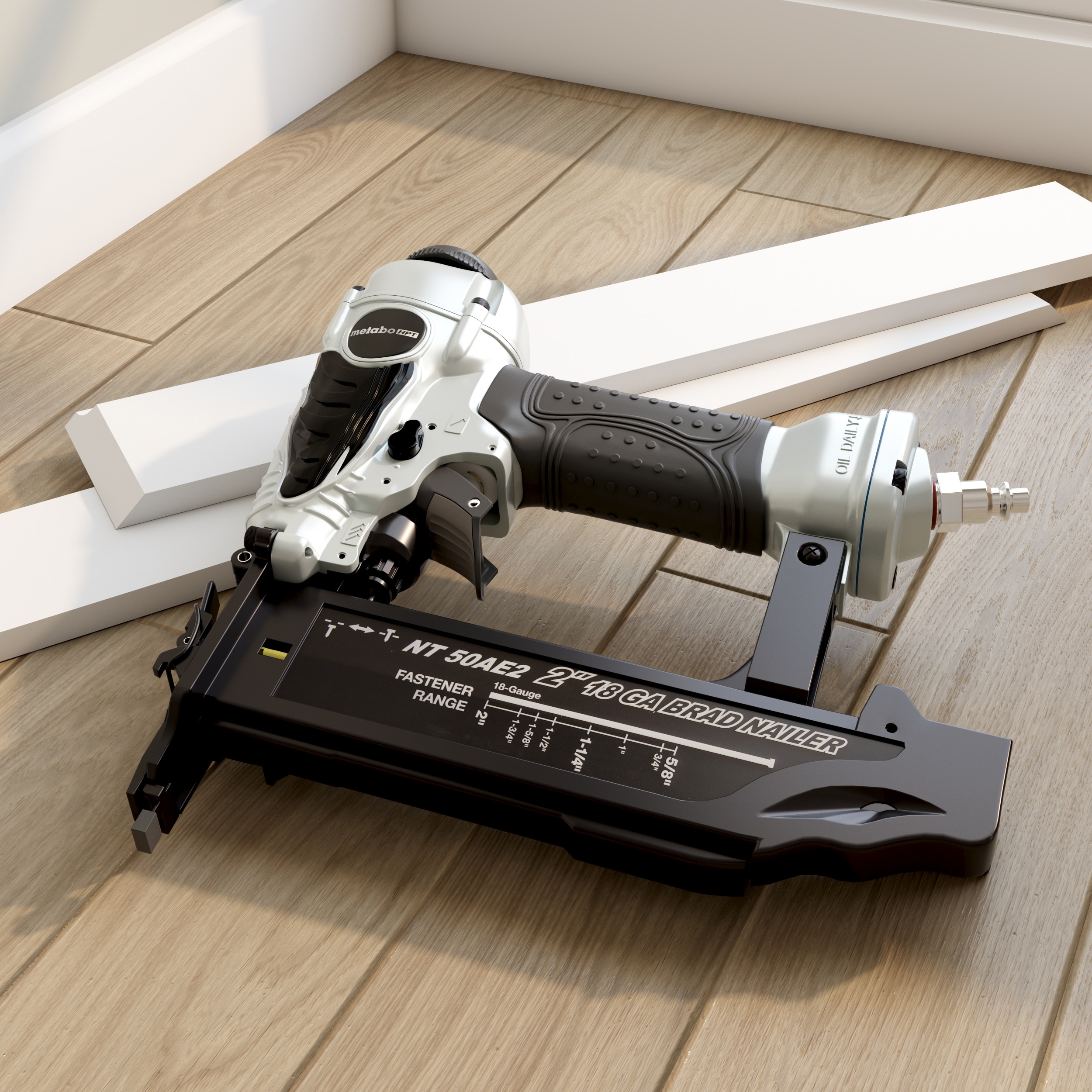 Clavadora neumática recta para clavos de brad de calibre 18 de Metabo HPT NT50AE2M de 2 pulgadas.