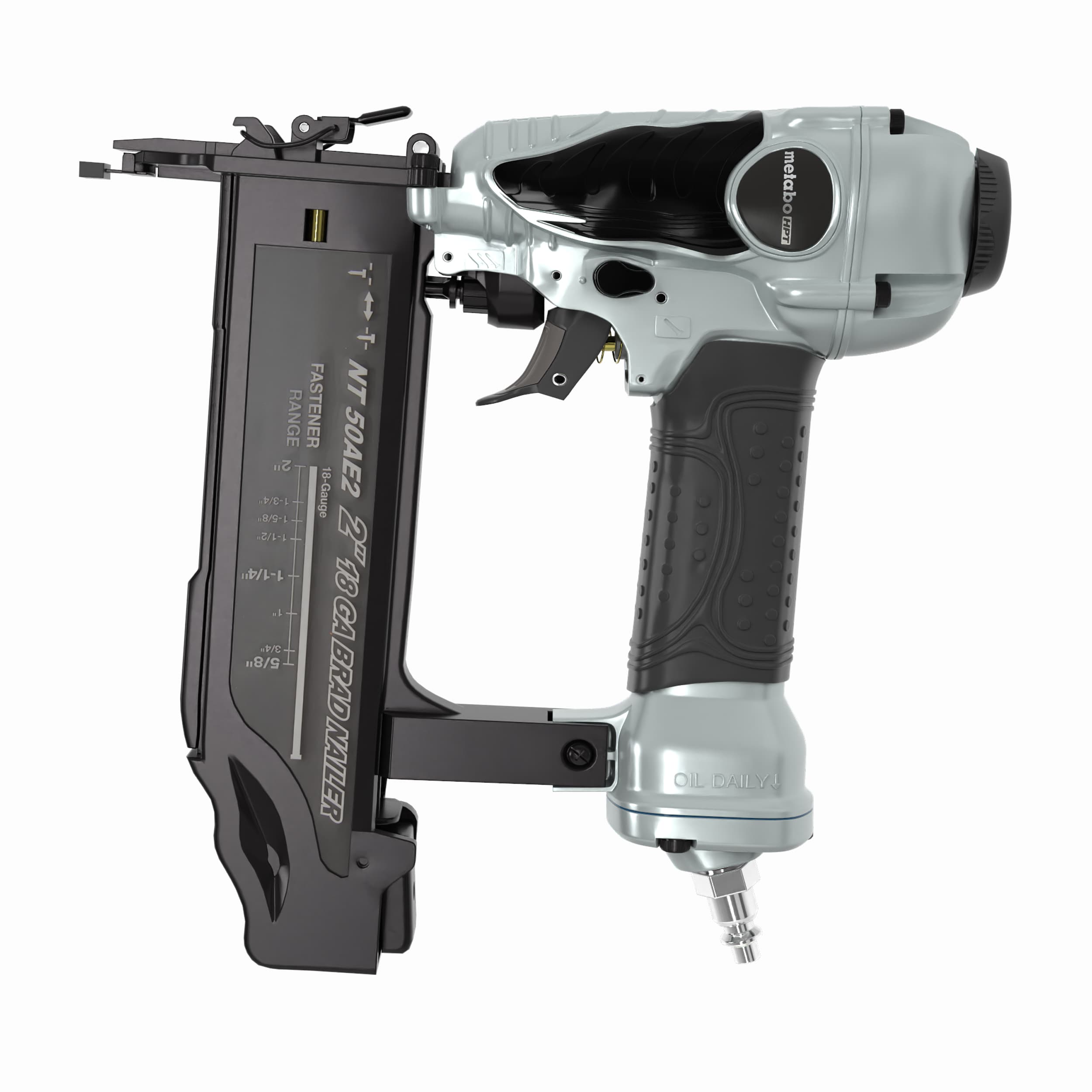 Clavadora neumática recta para clavos de brad de calibre 18 de Metabo HPT NT50AE2M de 2 pulgadas.