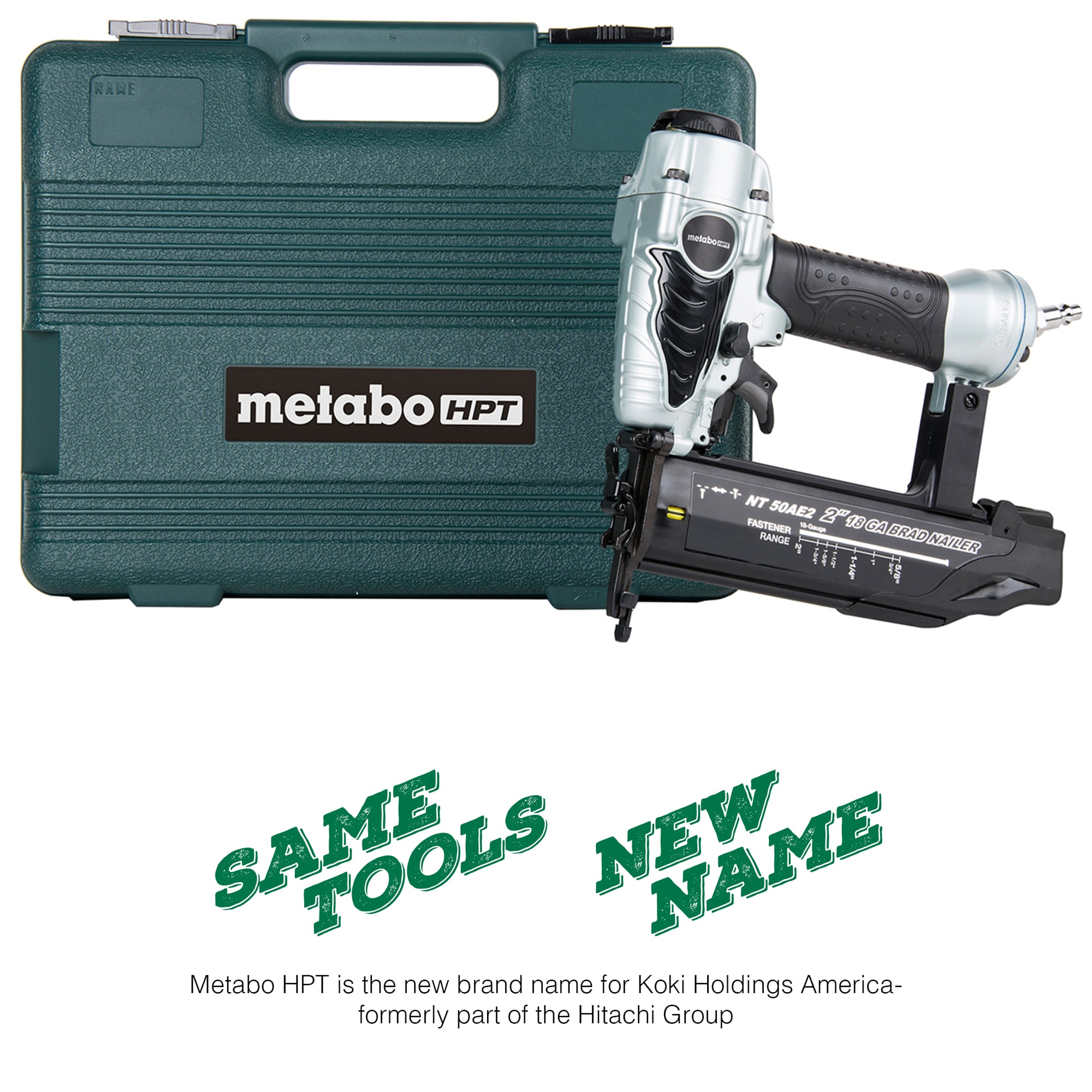 Clavadora neumática recta para clavos de brad de calibre 18 de Metabo HPT NT50AE2M de 2 pulgadas.