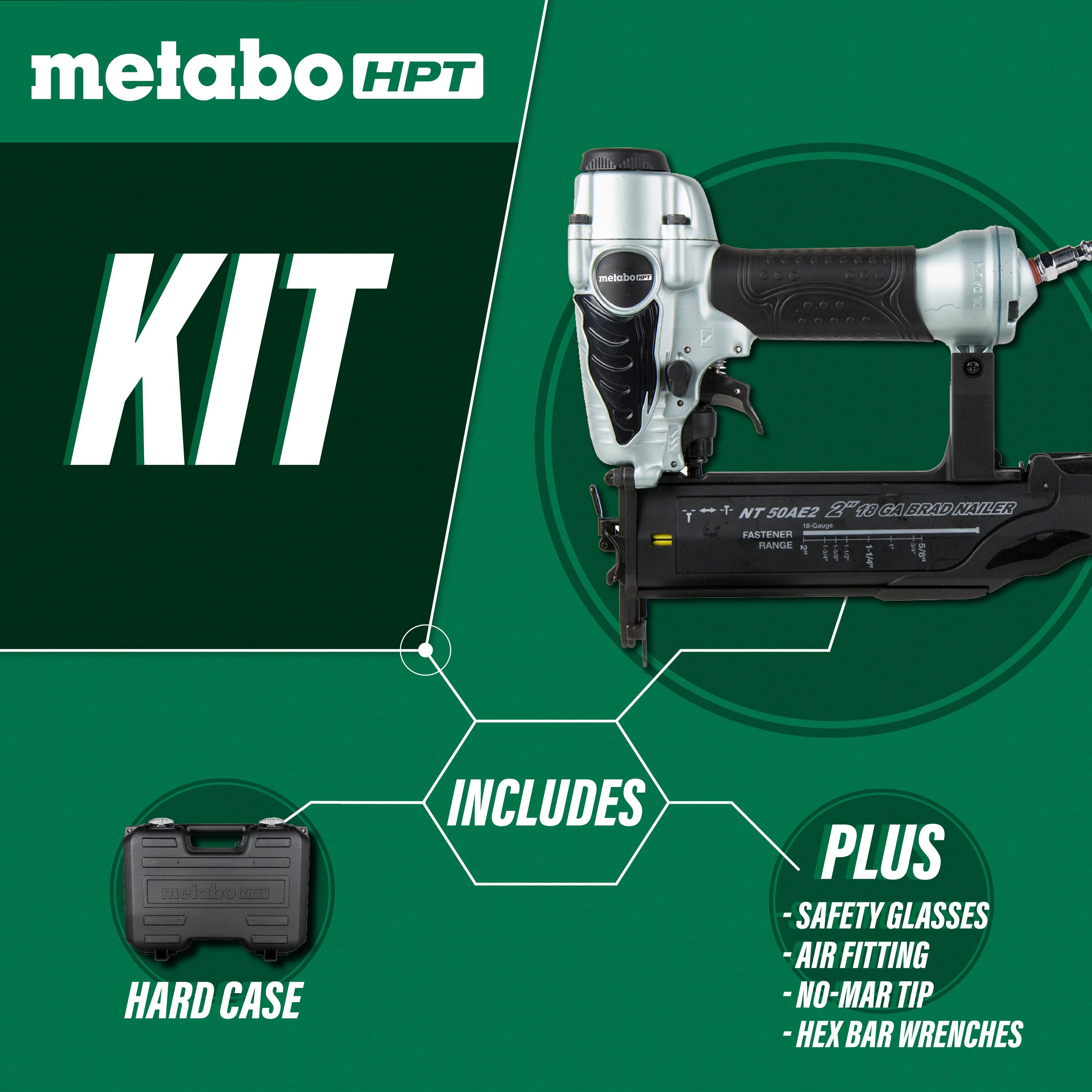 Clavadora neumática recta para clavos de brad de calibre 18 de Metabo HPT NT50AE2M de 2 pulgadas.
