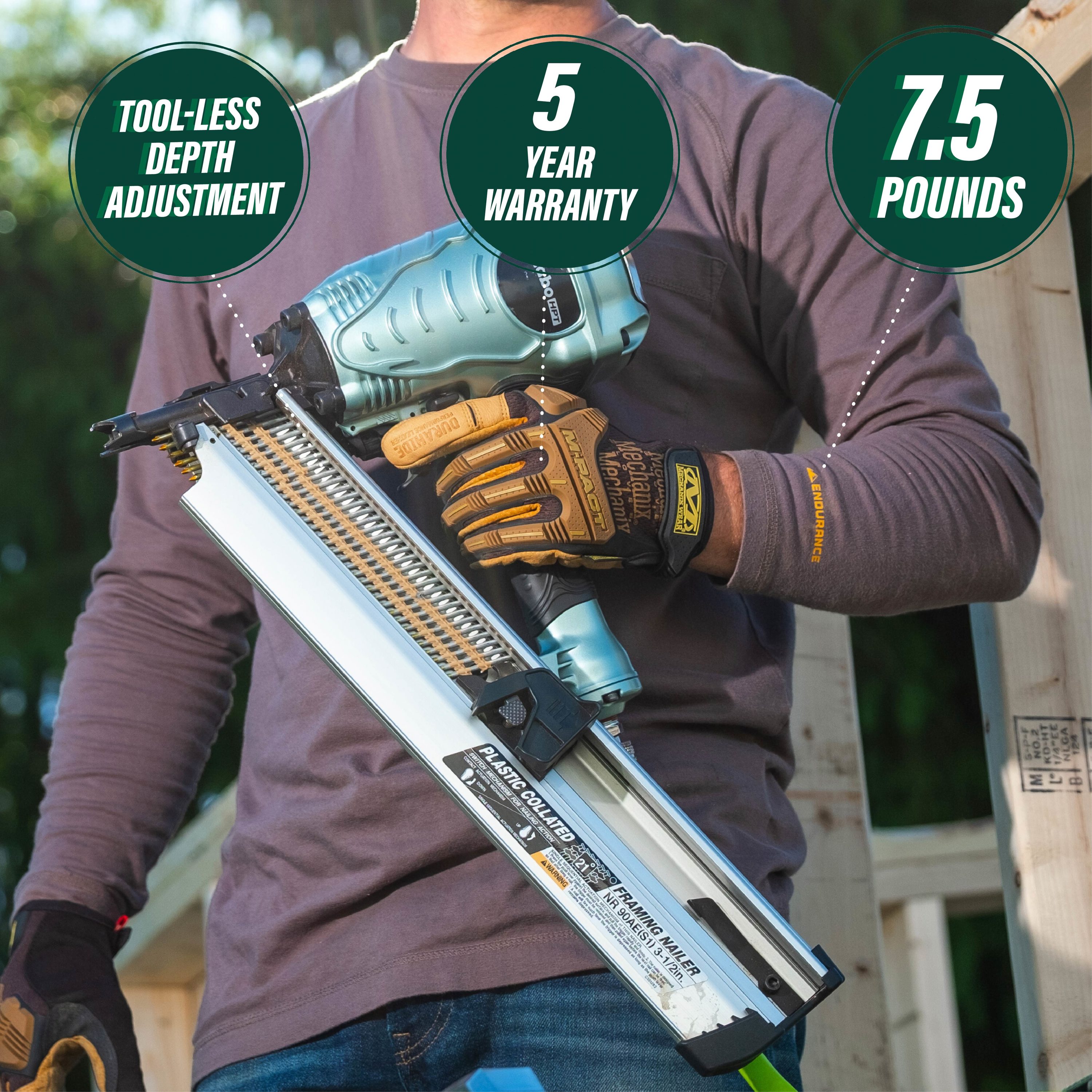 Clavadora neumática de cabezal redondo de 21 grados Metabo HPT 3-1/2 pulgadas NR90AES1M