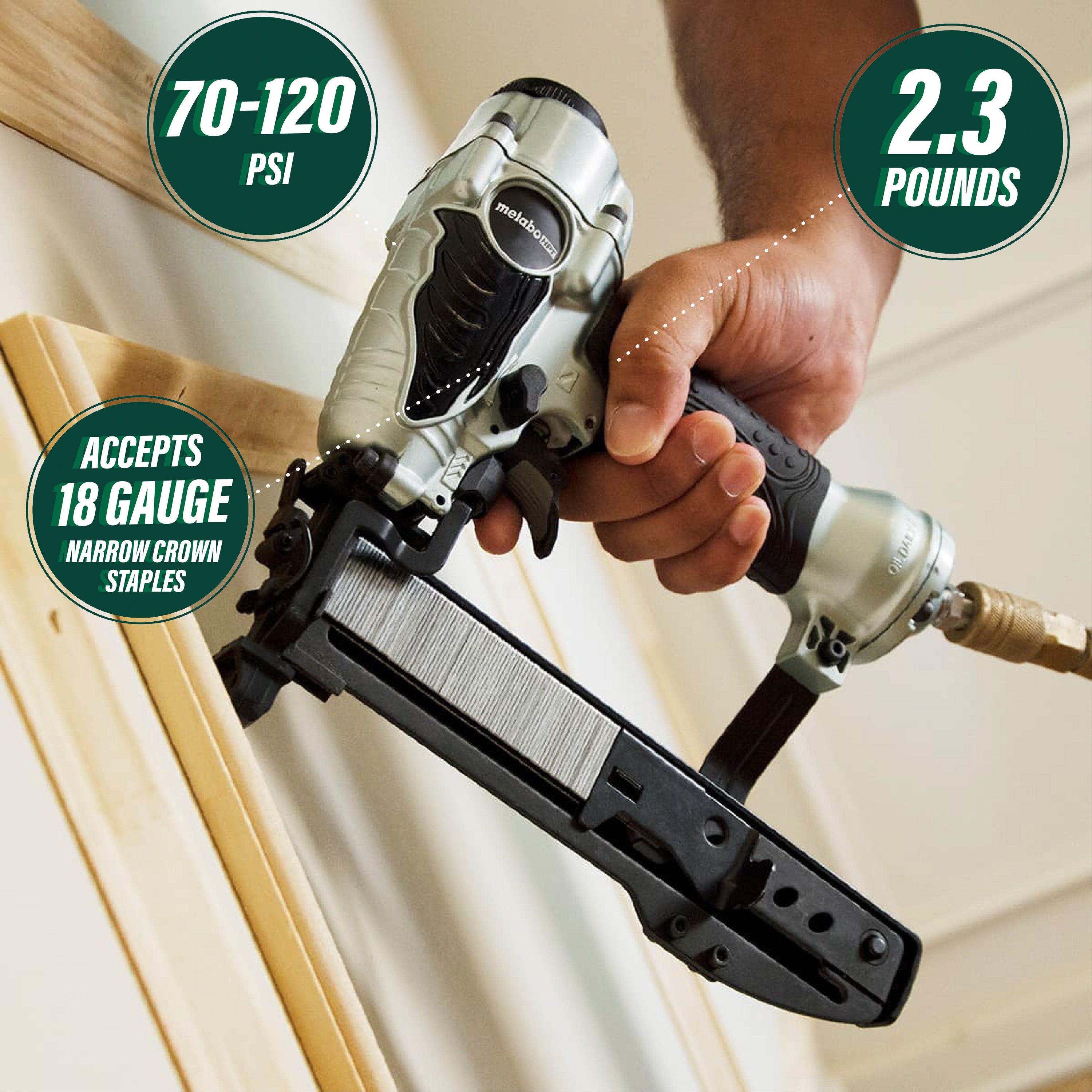 Grampadora neumática para clavos de corona estrecha de calibre 18 de Metabo HPT N3804AB3M