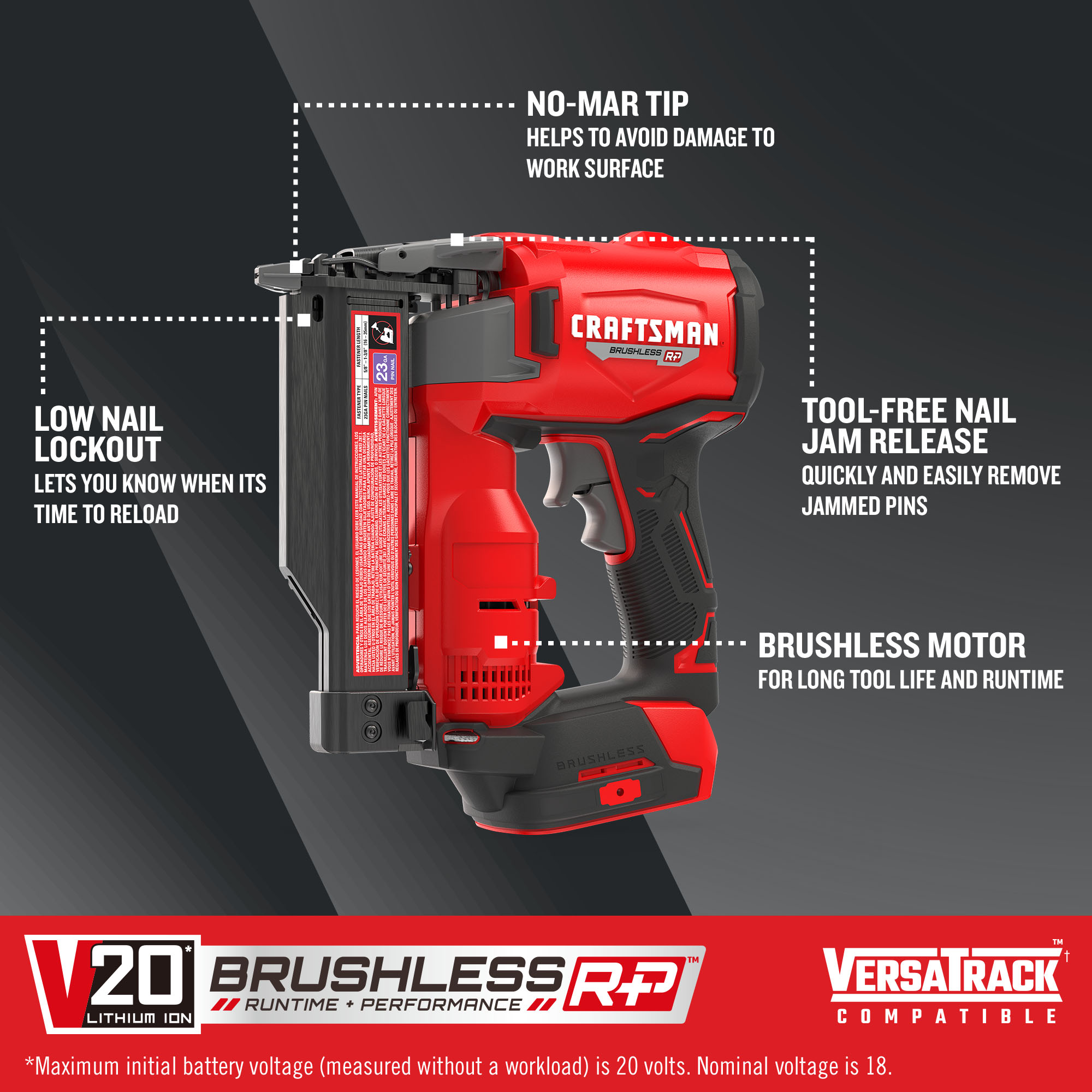 Clavadora sin cable CRAFTSMAN V20 Brushless RP de calibre 23 de 1-3/8 pulgadas (batería y cargador no incluidos)