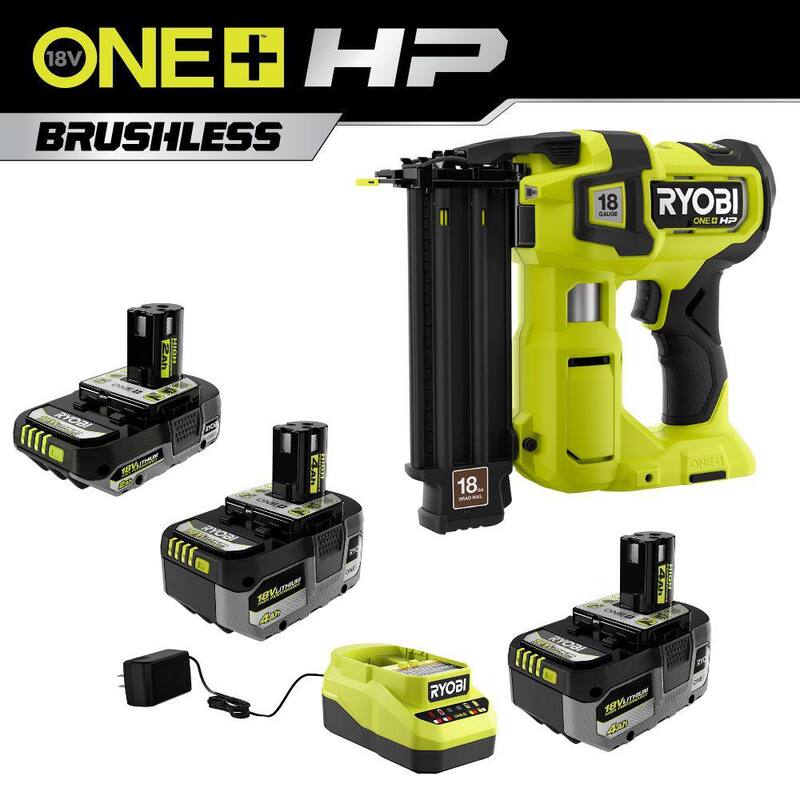 RYOBI ONE+ 18V Kit de Alto Rendimiento con (2) Baterías de 4.0 Ah, Batería de 2.0 Ah, Cargador y Clavadora de Clavos Inalámbrica ONE+ HP Brushless - P322-PSK108SB