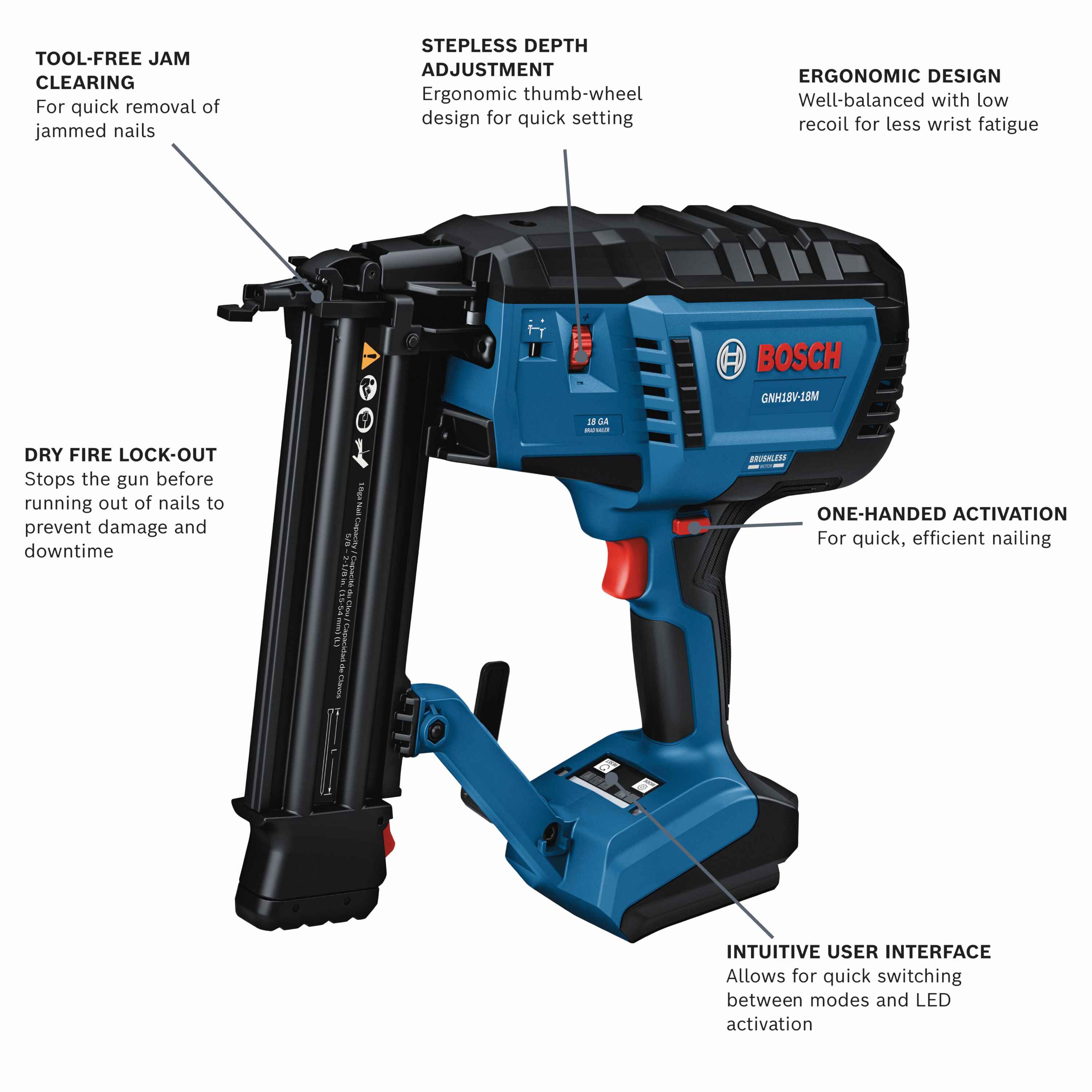 Clavadora inalámbrica Bosch 18V sin escobillas de 2-1/8 pulgadas y calibre 18 GNH18V-18MN