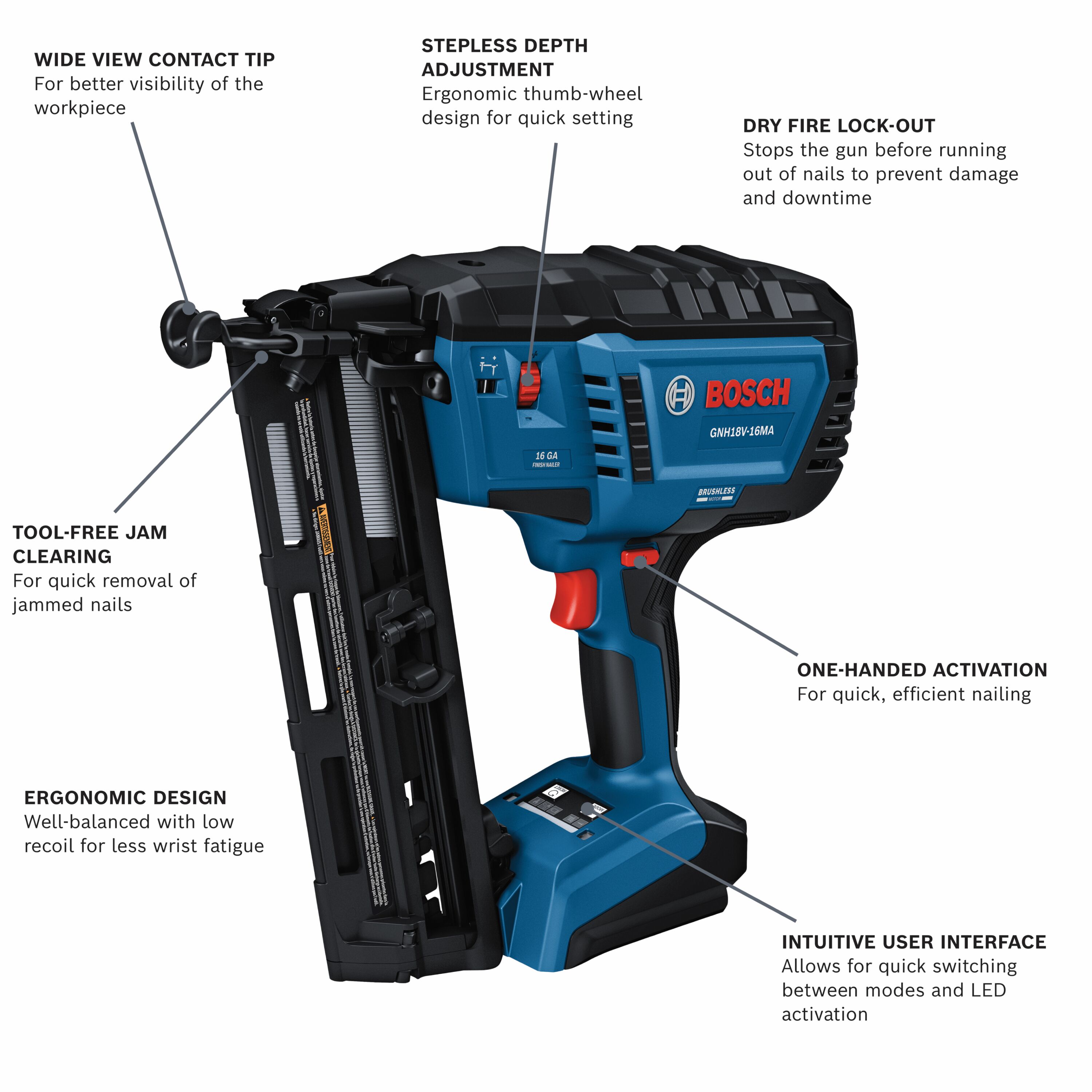 Clavadora inalámbrica Bosch 18V Brushless de calibre 16 con acabado de 2-1/2 pulgadas GNH18V-16MAN