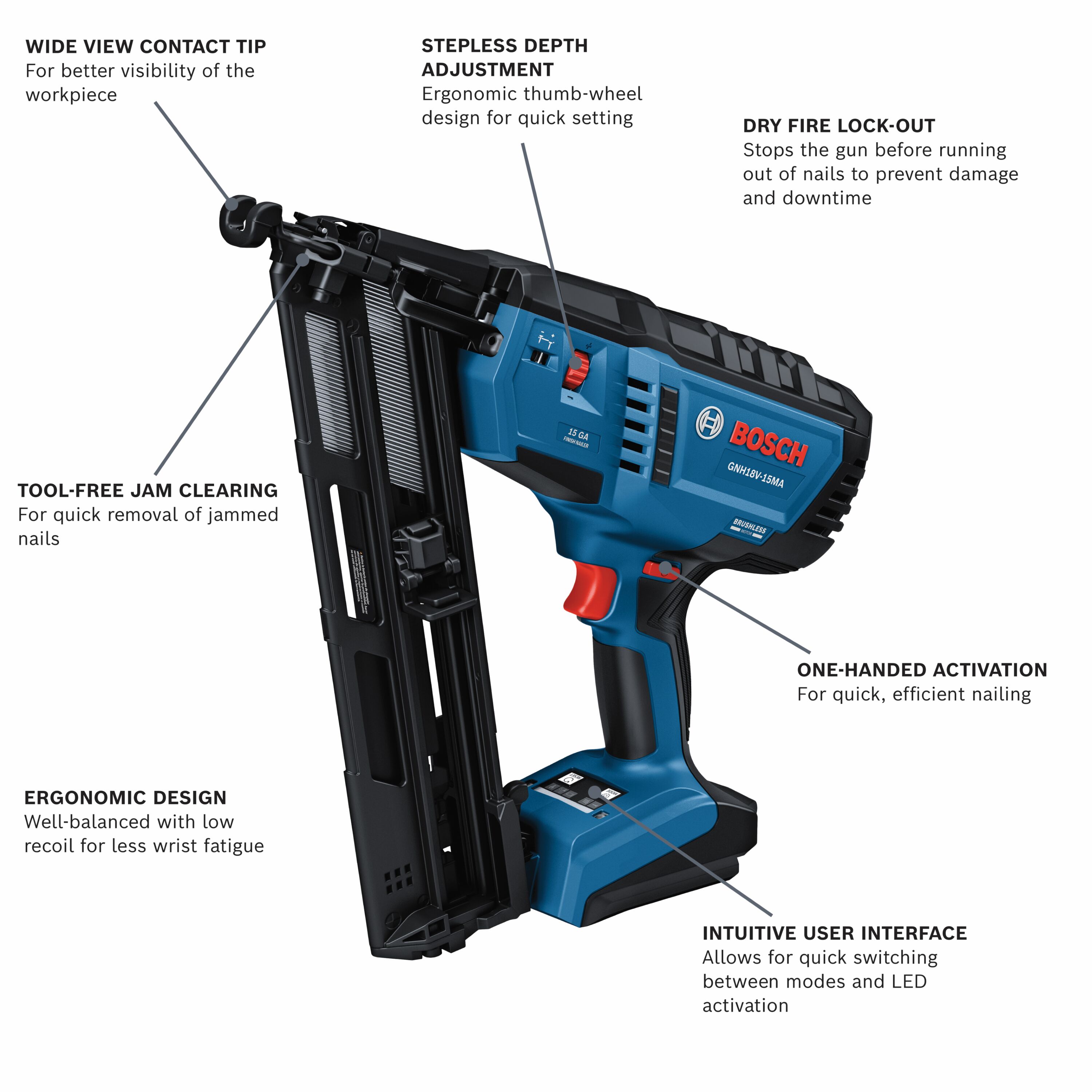 Clavadora inalámbrica sin escobillas Bosch 18V de calibre 15 de 2-1/2 pulgadas