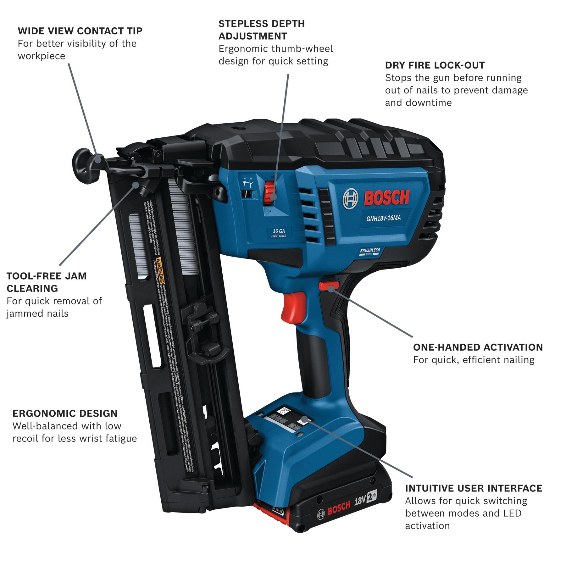 Clavadora inalámbrica Bosch 18V sin escobillas de 2-1/2 pulgadas de calibre 16 (Incluye batería) GNH18V-16MAB12