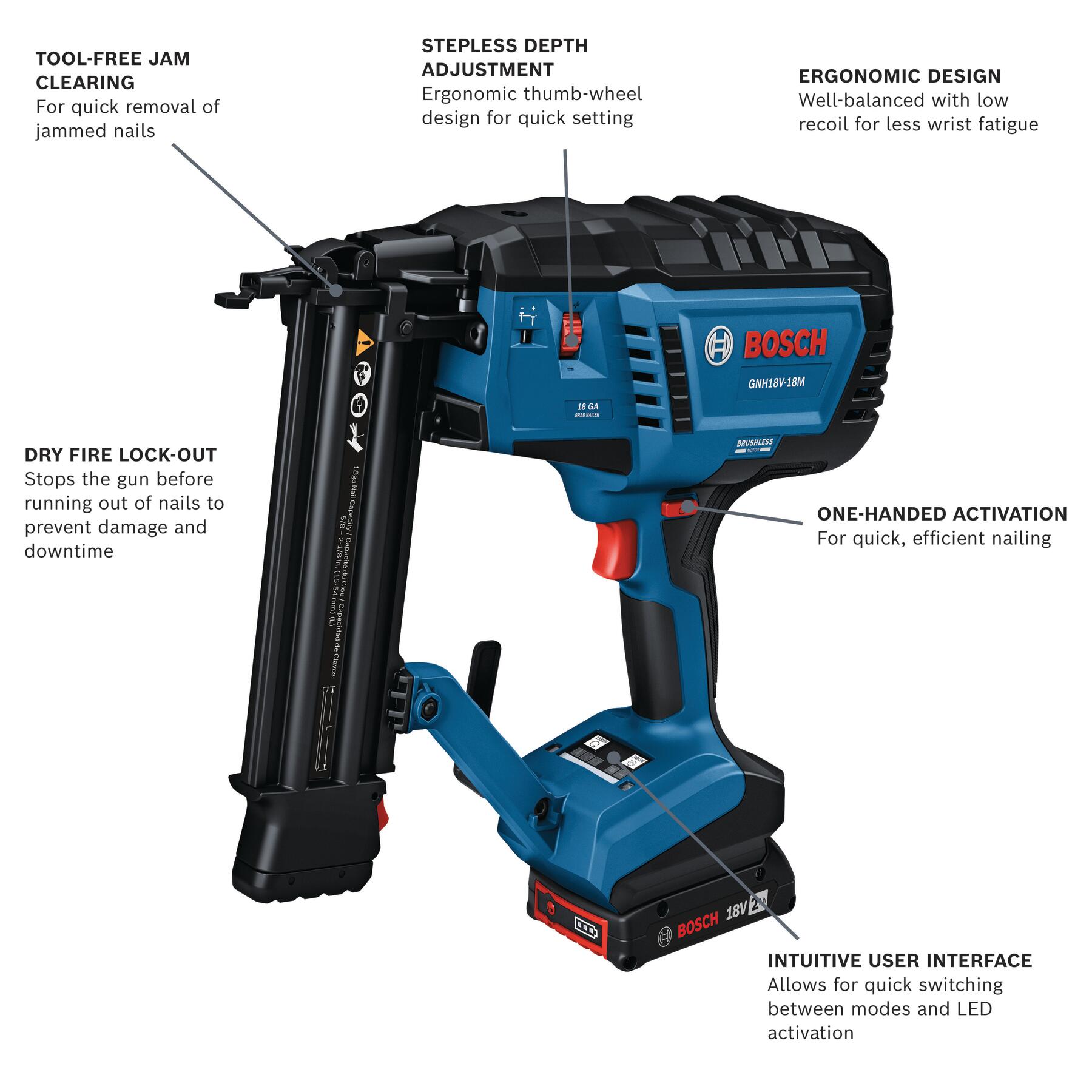 Clavadora inalámbrica Bosch de 18-Voltios sin escobillas de 2-1/2 pulgadas, Calibre 18 (Batería incluida) GNH18V-18MB12