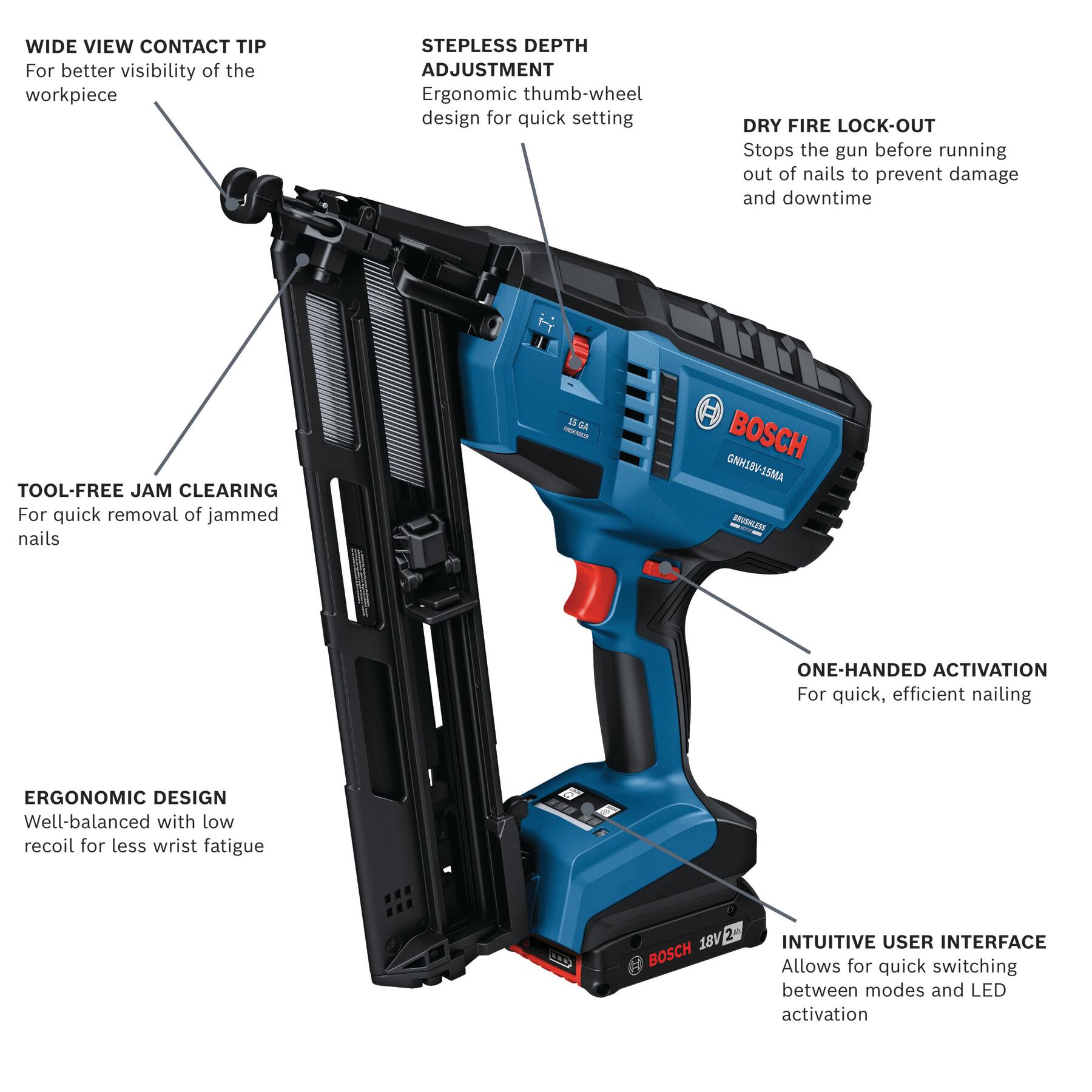 Clavadora inalámbrica Bosch 18V Brushless de 2-1/2 pulgadas calibre 15 para acabados (Incluye batería) GNH18V-15MAB12