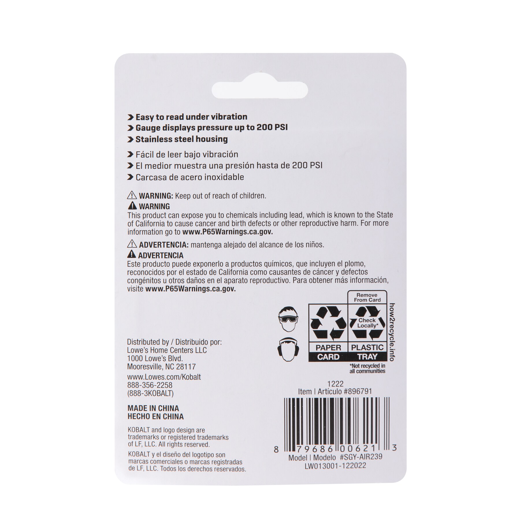 Manómetro de montaje inferior lleno de 1/4 pulgadas y 200Psi Kobalt SGY-AIR239