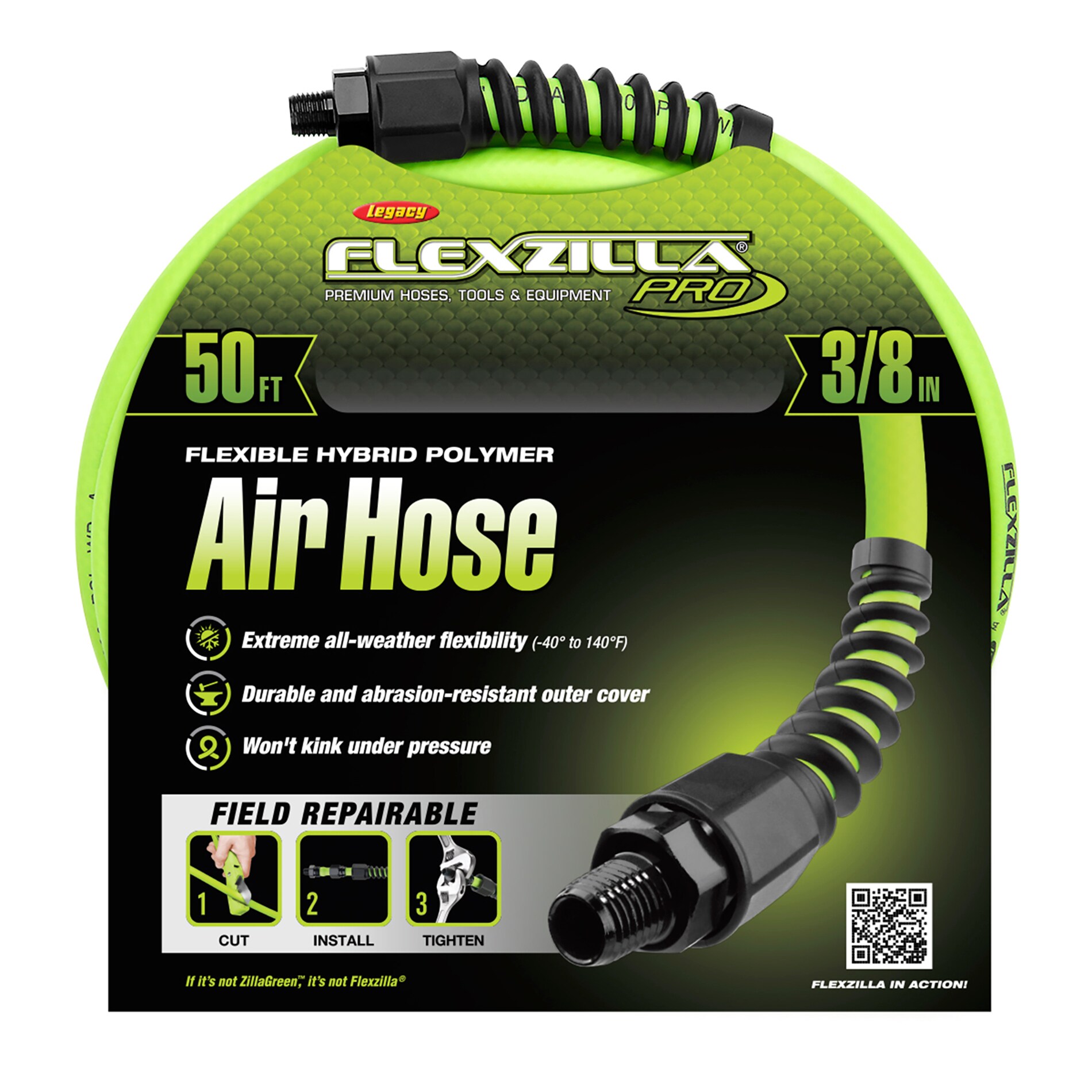 Manguera de aire Flexzilla Pro, 3/8 pulgadas x 50 pies, Conexiones de 1/4 pulgadas MNPT HFZP3850YW2