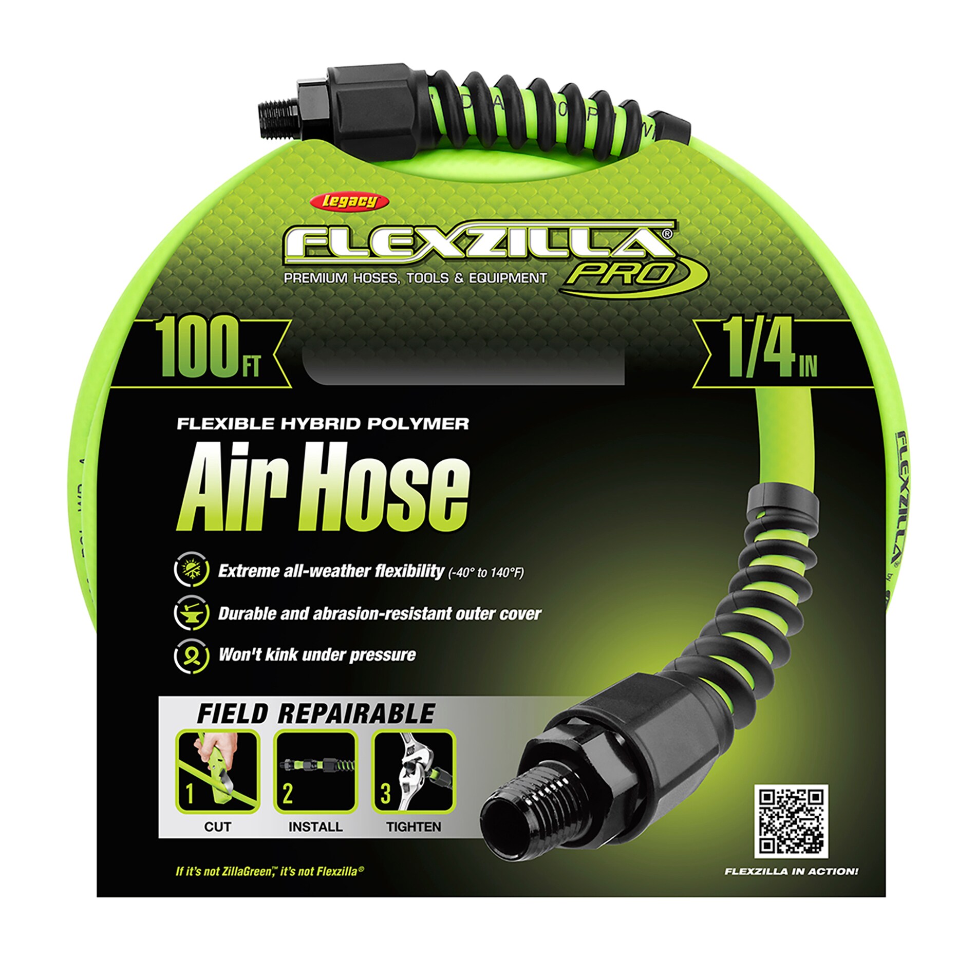 Manguera de aire Flexzilla Pro, 1/4 pulgadas x 100 pies, Conexiones de 1/4 pulgadas MNPT HFZP14100YW2