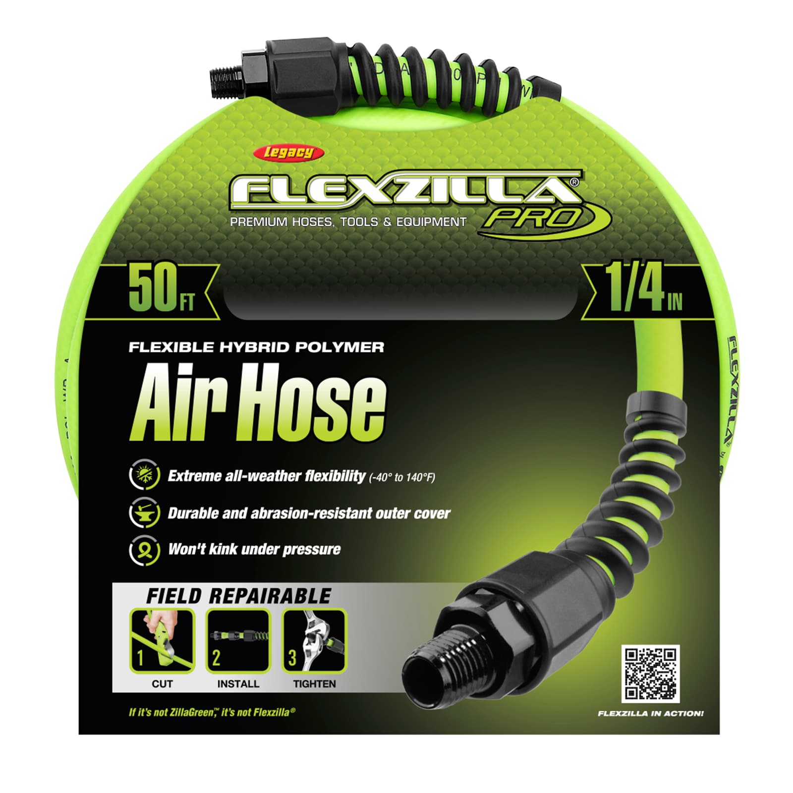 Manguera de aire Flexzilla Pro, 1/4 pulgadas x 25 pies, Accesorios 1/4 pulgadas MNPT HFZP1425YW2.