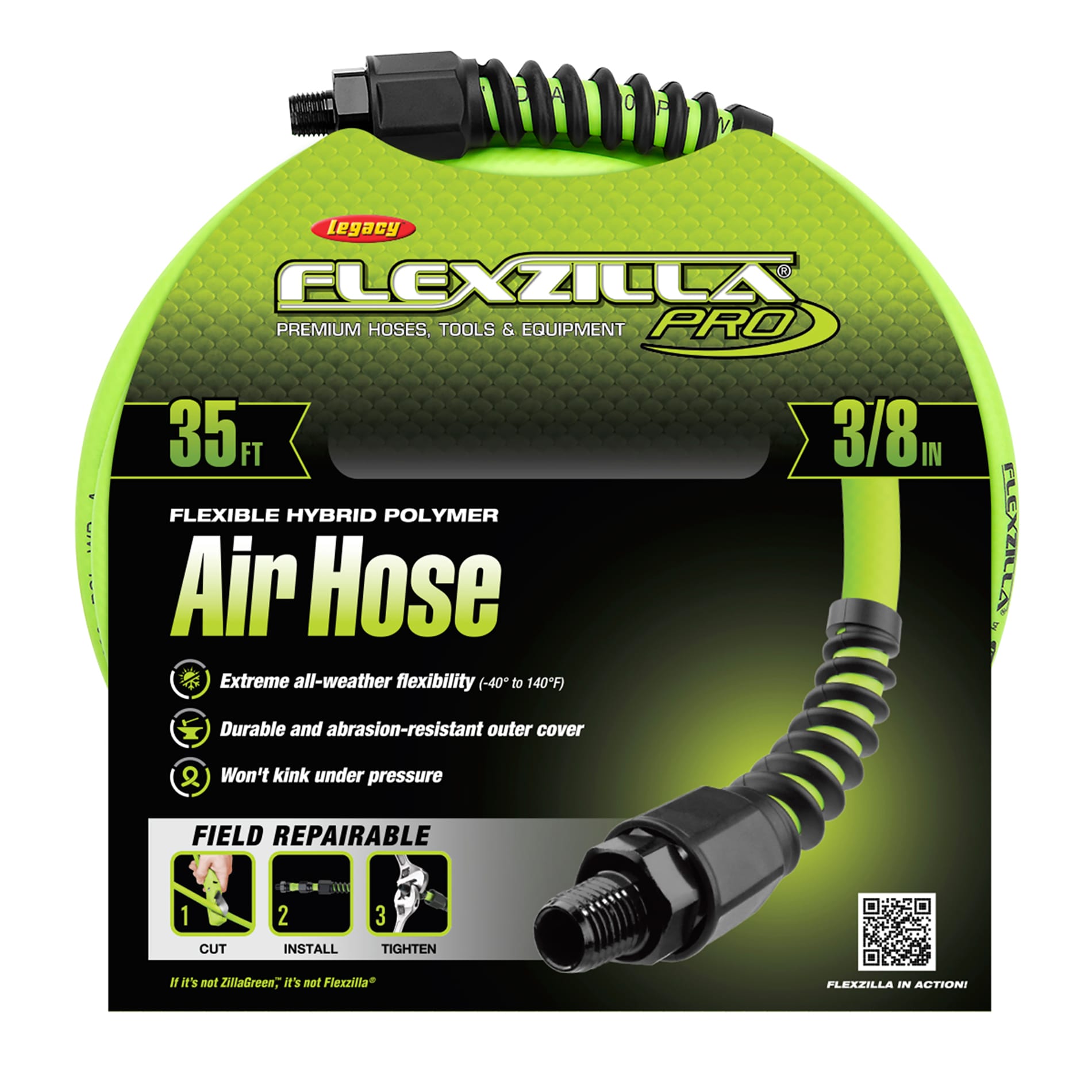 Manguera de aire Flexzilla Pro, 3/8 pulg x 35 pies, Conexiones de 1/4 pulg MNPT HFZP3835YW2