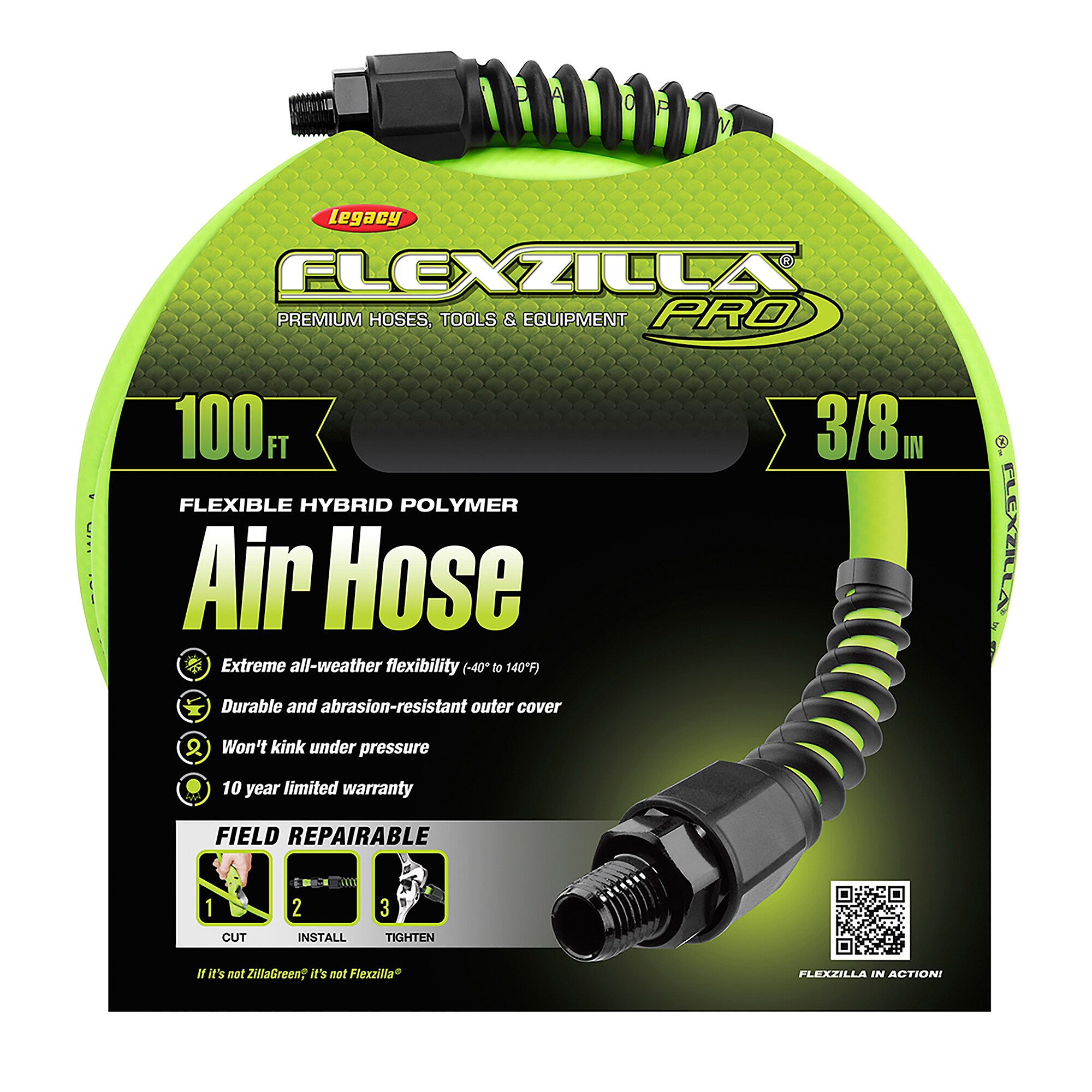 Manguera de aire Flexzilla Pro, 3/8 pulgadas x 100 pies, Conexiones 1/4 pulgadas Mnpt HFZP38100YW2