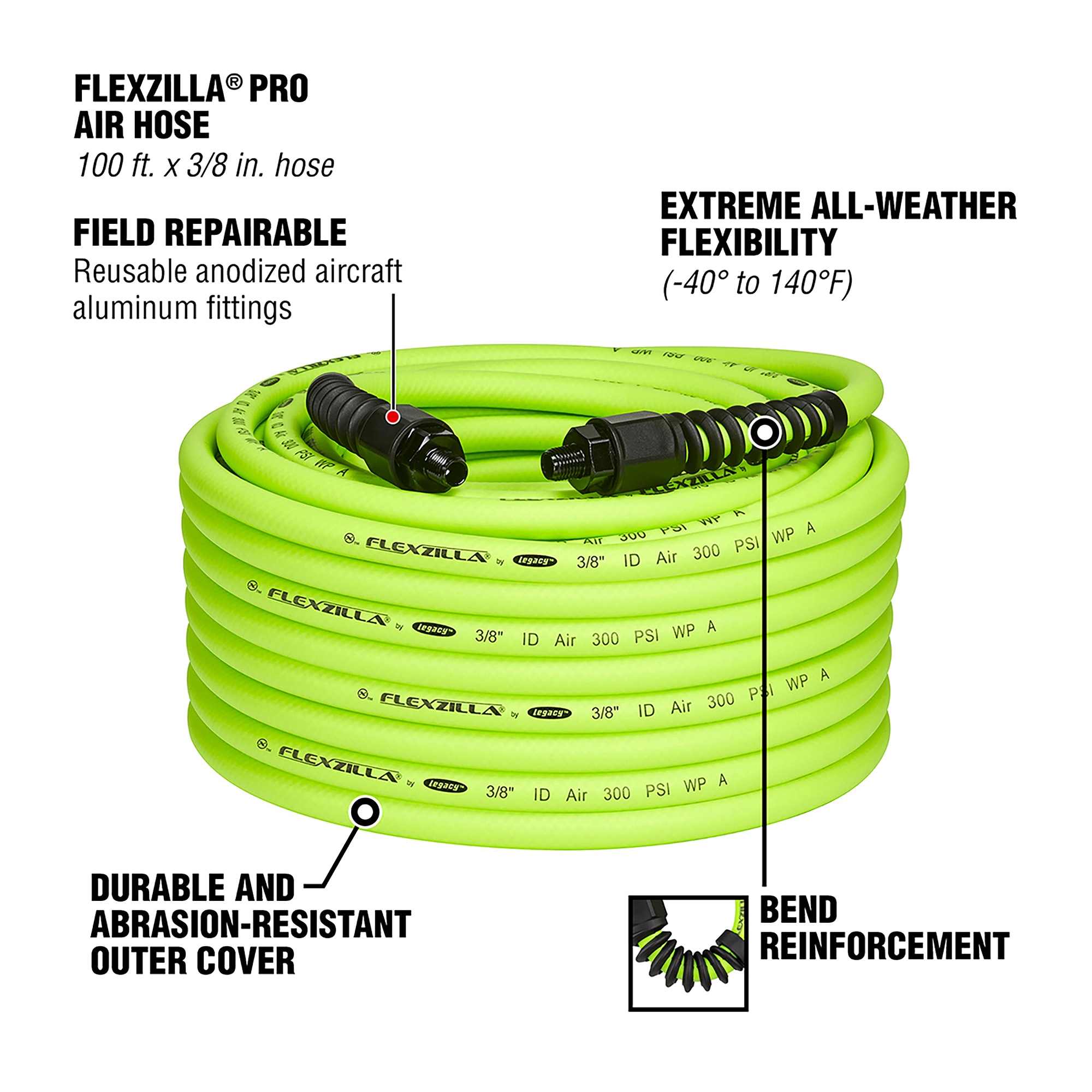 Manguera de aire Flexzilla Pro, 3/8 pulgadas x 100 pies, Conexiones 1/4 pulgadas Mnpt HFZP38100YW2