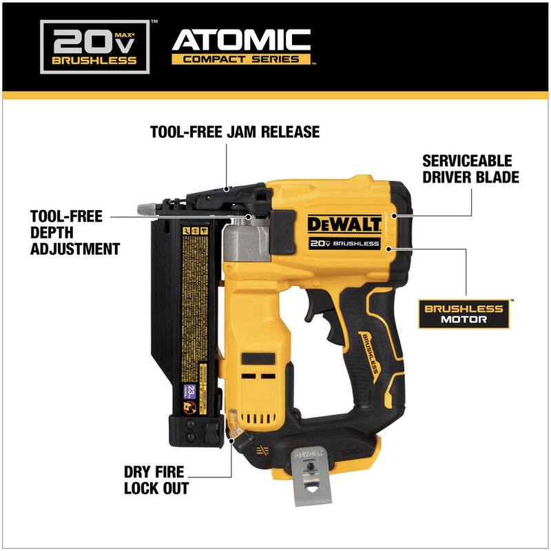 DEWALT 20V MAX XR Clavadora eléctrica inalámbrica de litio de 18 gauges y ATOMIC 20V MAX Clavadora de pines inalámbrica de 23 gauges - DCN680BW623B