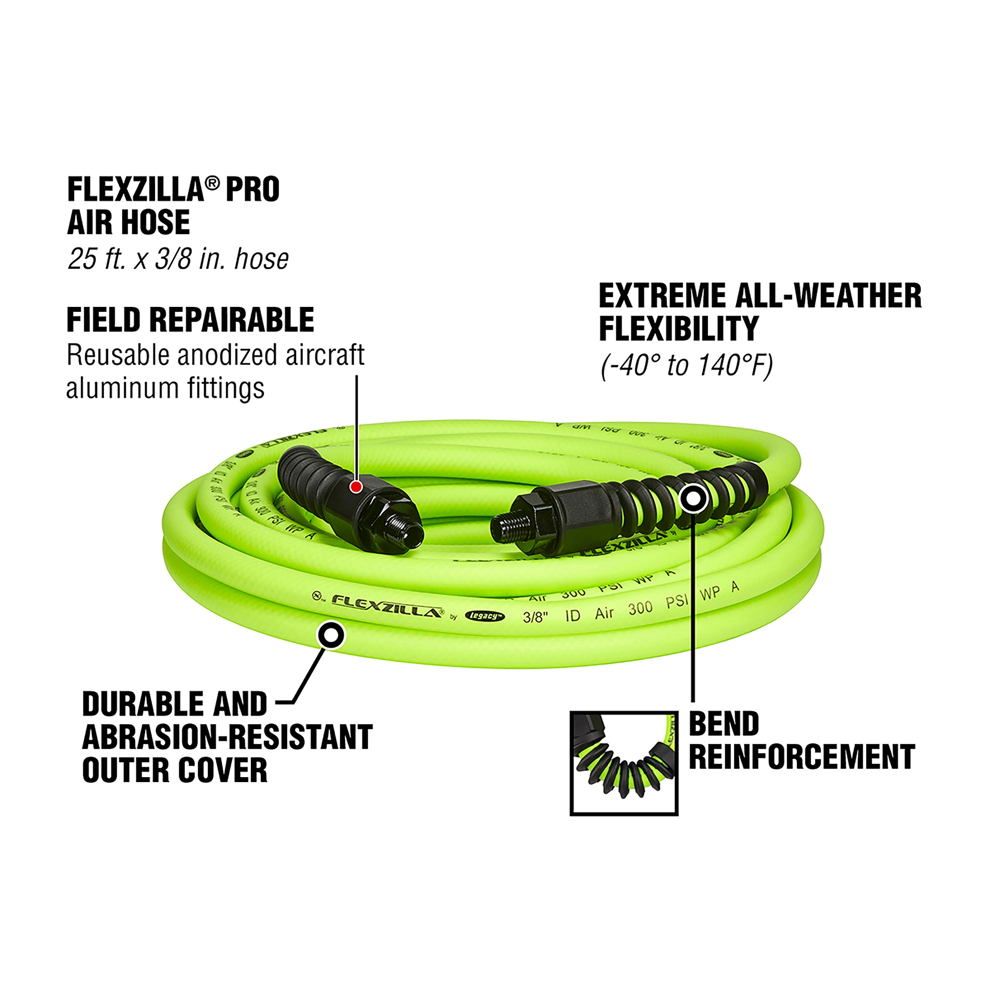 Manguera de aire Flexzilla Pro, 3/8 pulgadas x 25 pies, con conexiones de 1/4 pulgadas MNPT HFZP3825YW2