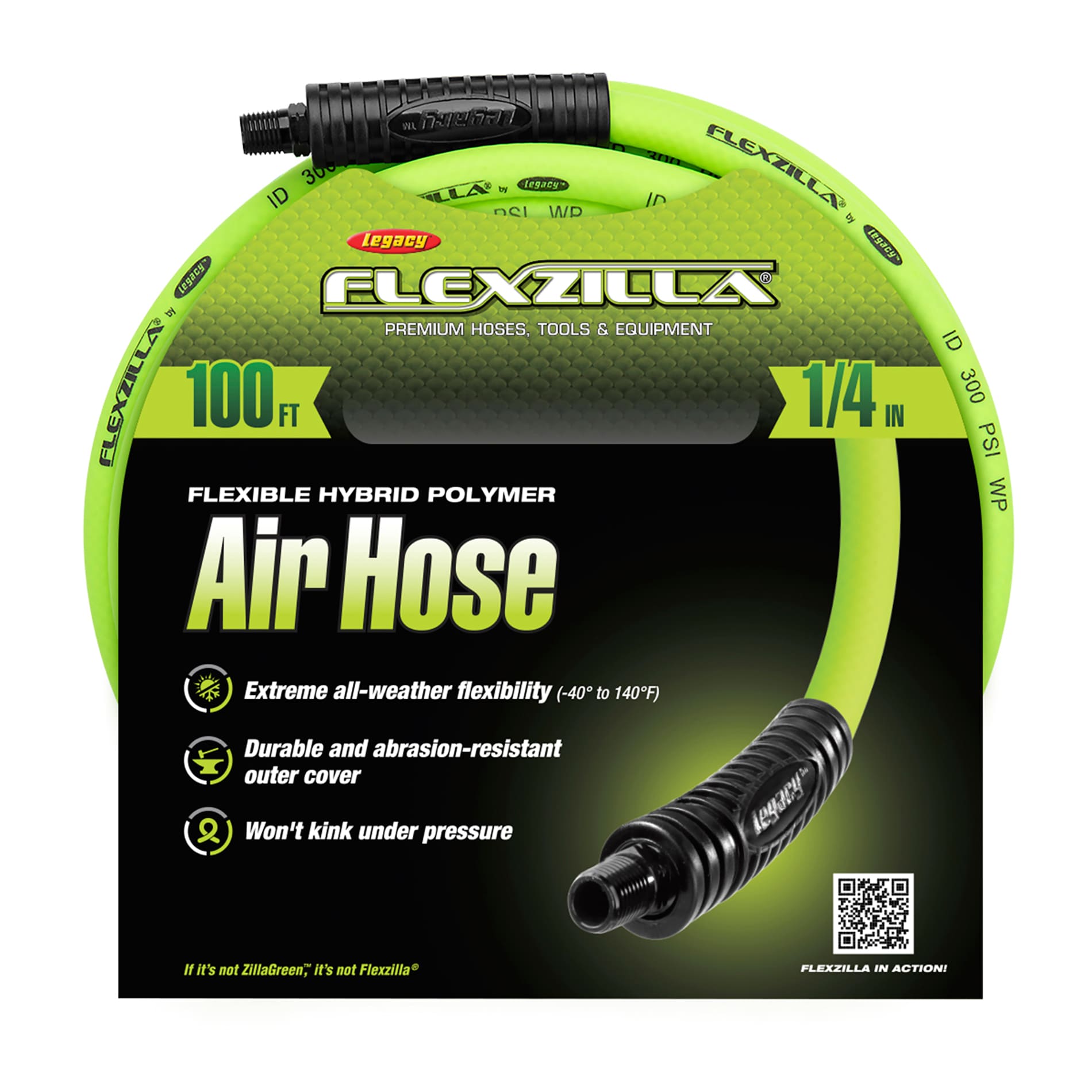 Manguera de Aire Flexzilla, 1/4 pulg. x 100 pies, Conexiones MNPT de 1/4 pulg., HFZ14100YW2