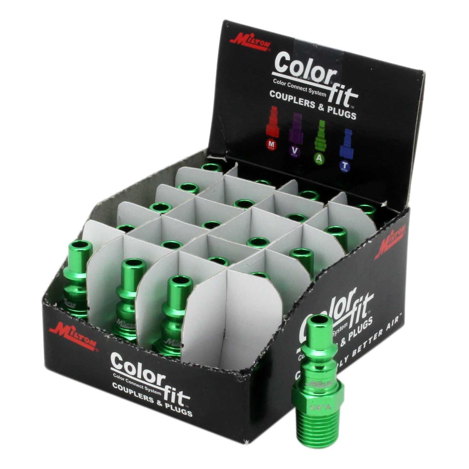 Tapones neumáticos Milton ColorFit estilo A para macho de 1/4 pulgadas NPT - paquete de 20