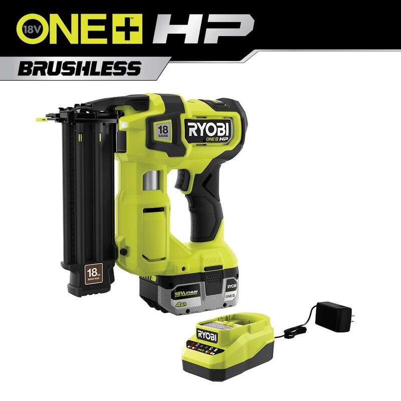 RYOBI ONE+ HP 18V Kit de clavadora inalámbrica AirStrike Brad de calibre 18 con motor sin escobillas, batería de 4.0 Ah y cargador - P322K