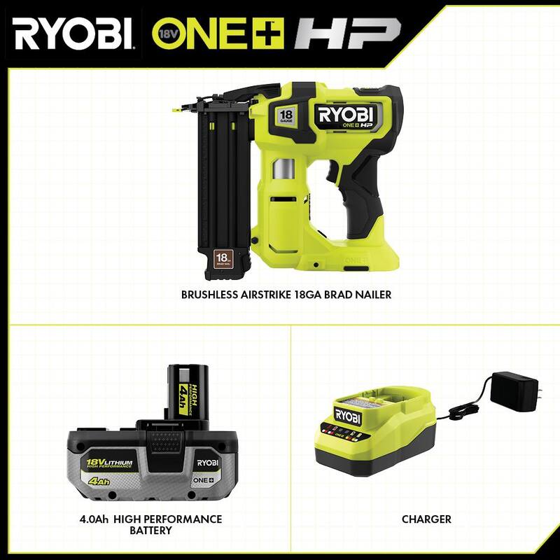 RYOBI ONE+ HP 18V Kit de clavadora inalámbrica AirStrike Brad de calibre 18 con motor sin escobillas, batería de 4.0 Ah y cargador - P322K