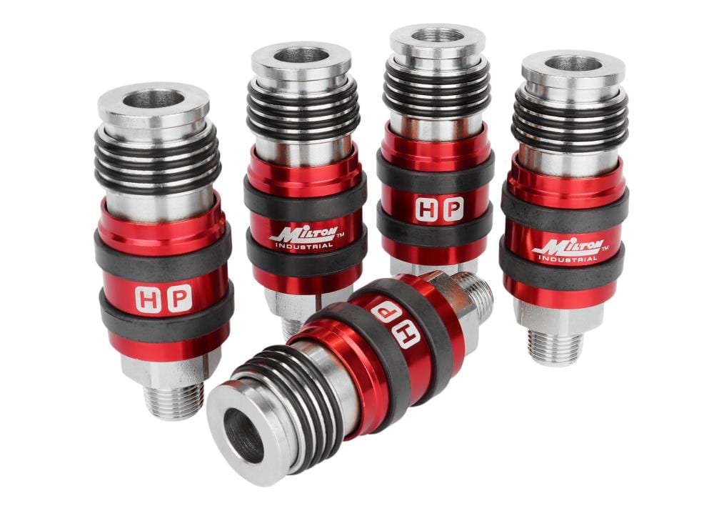 Acoplador de escape de seguridad universal 2 en 1 de Milton, flujo de 3/8" MNPT X 3/8" cuerpo - caja de 5 unidades 1759