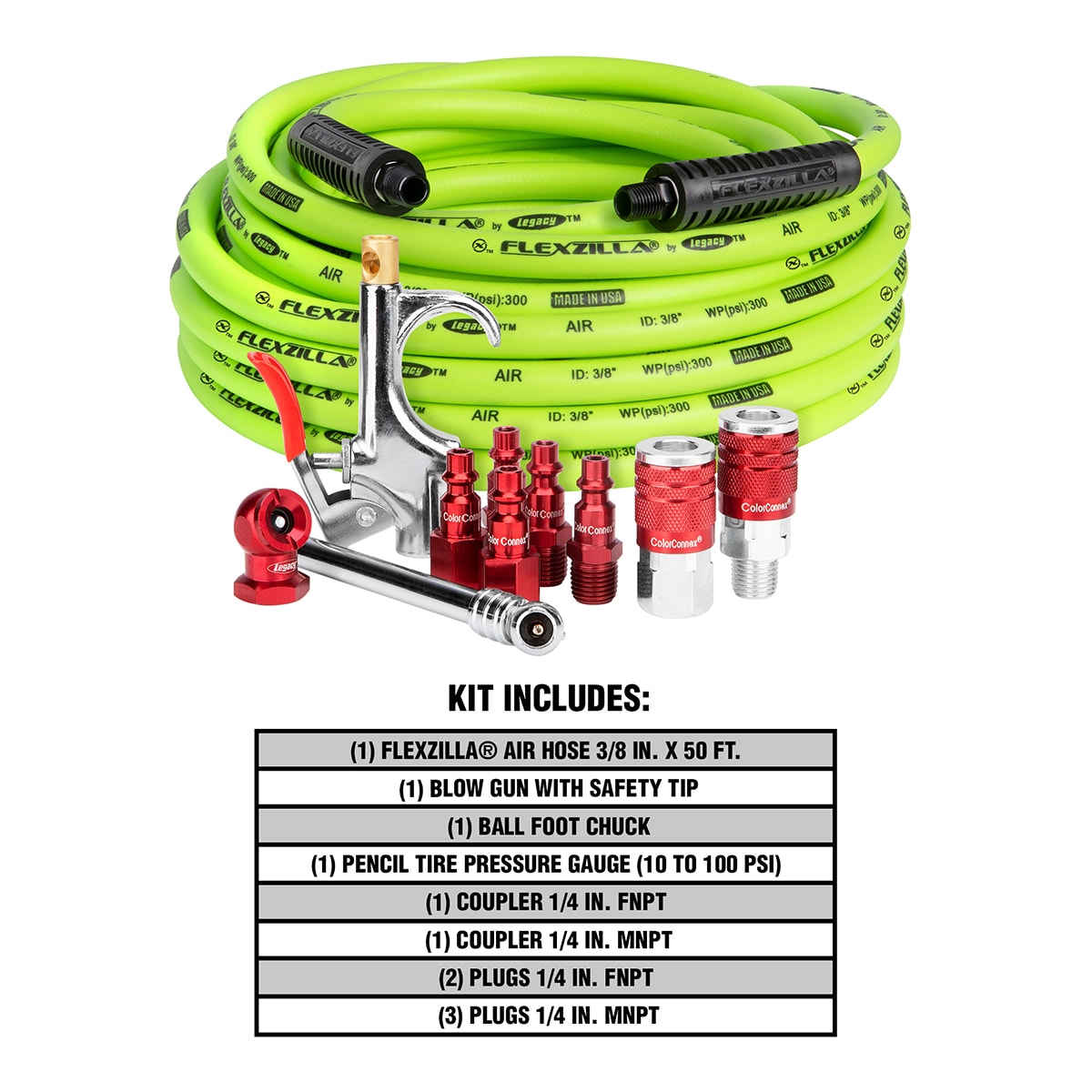 Kit de compresor de aire Flexzilla 11 piezas 3/8 pulg. 50 pies 1/4 pulg. NPT ColorConnex acoplador y conexiones Tipo D rojo HFZCLB11D