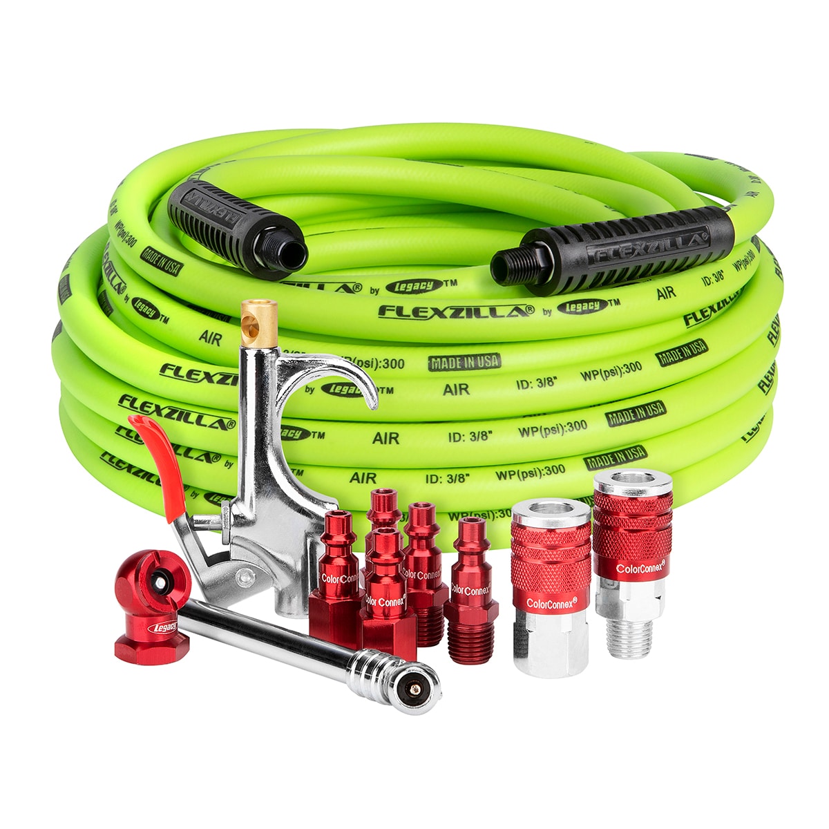 Kit de compresor de aire Flexzilla 11 piezas 3/8 pulg. 50 pies 1/4 pulg. NPT ColorConnex acoplador y conexiones Tipo D rojo HFZCLB11D